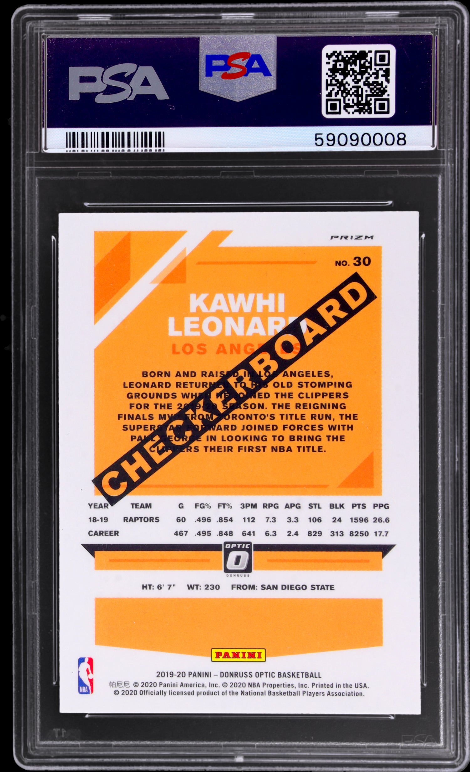 2019 Panini Donruss Optic Kawhi Leonard #30 Checkerboard PSA 10