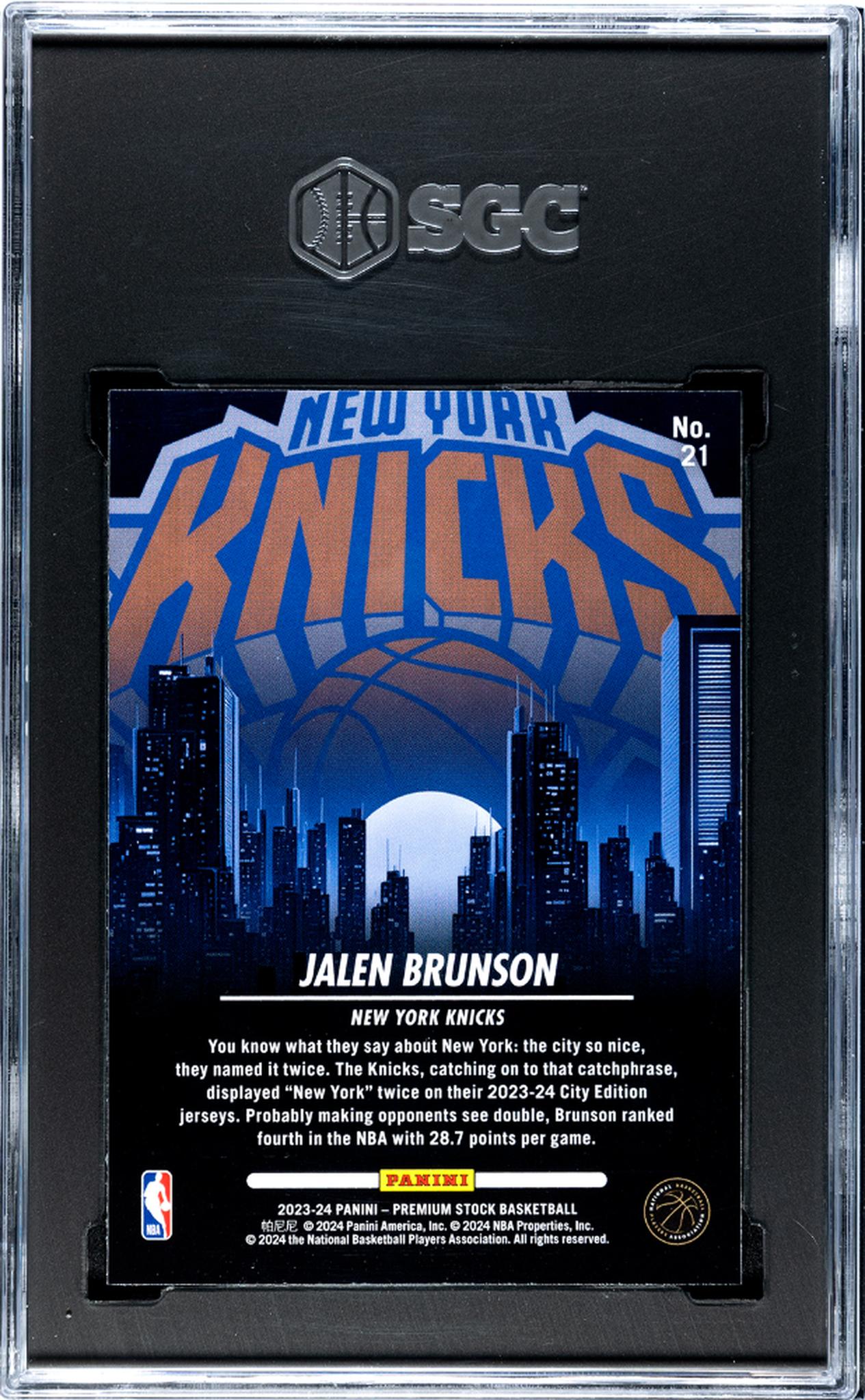 2023-24 Panini Hoops Premium Stock #21 Jalen Brunson CityEd. SGC 10