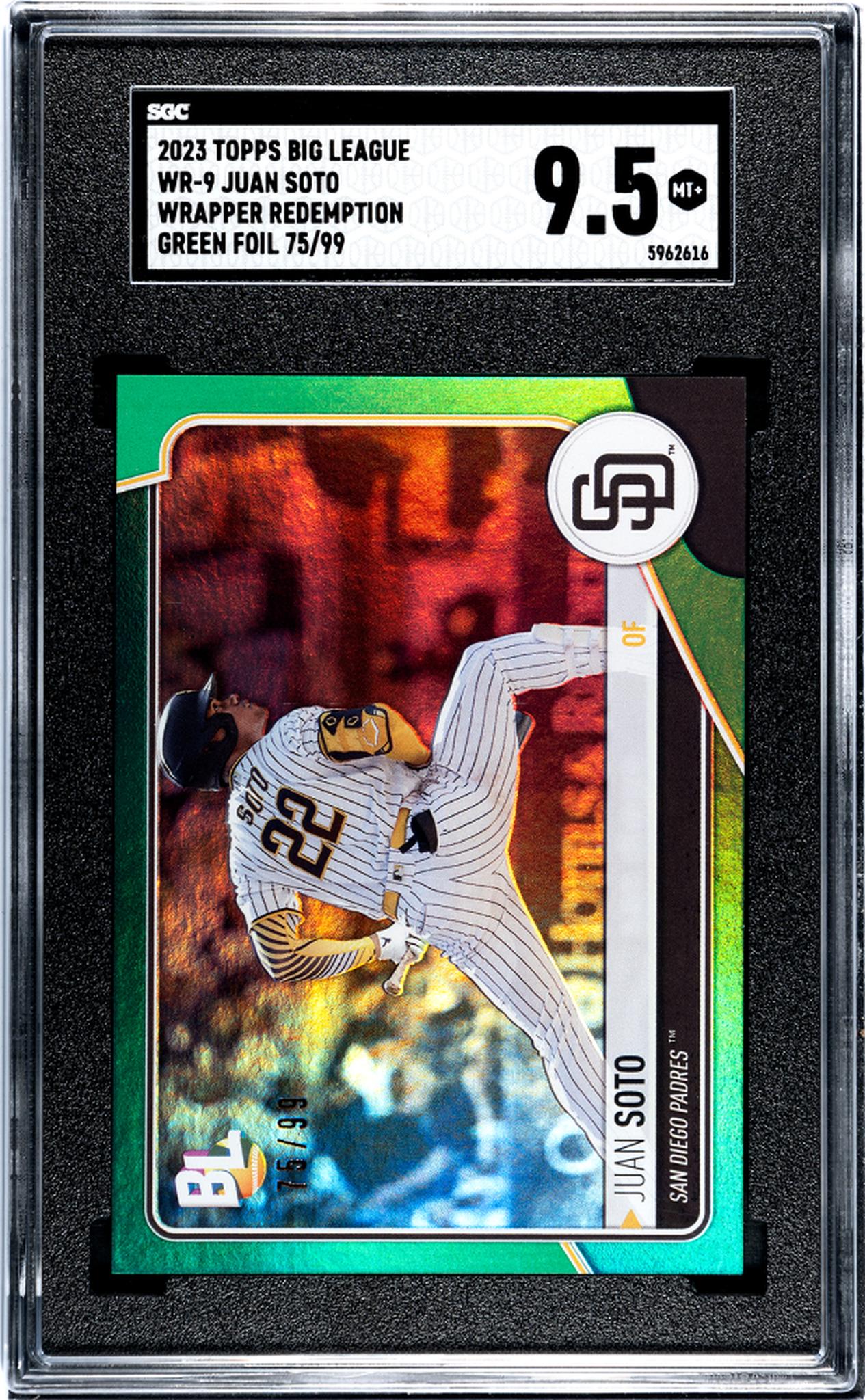 2023 Topps Big League Wrapper Redemption Green Foil Juan Soto #WR-9 /99 SGC 9.5