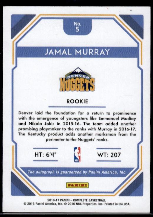 2016 Panini Complete Jamal Murray Rookie Auto 