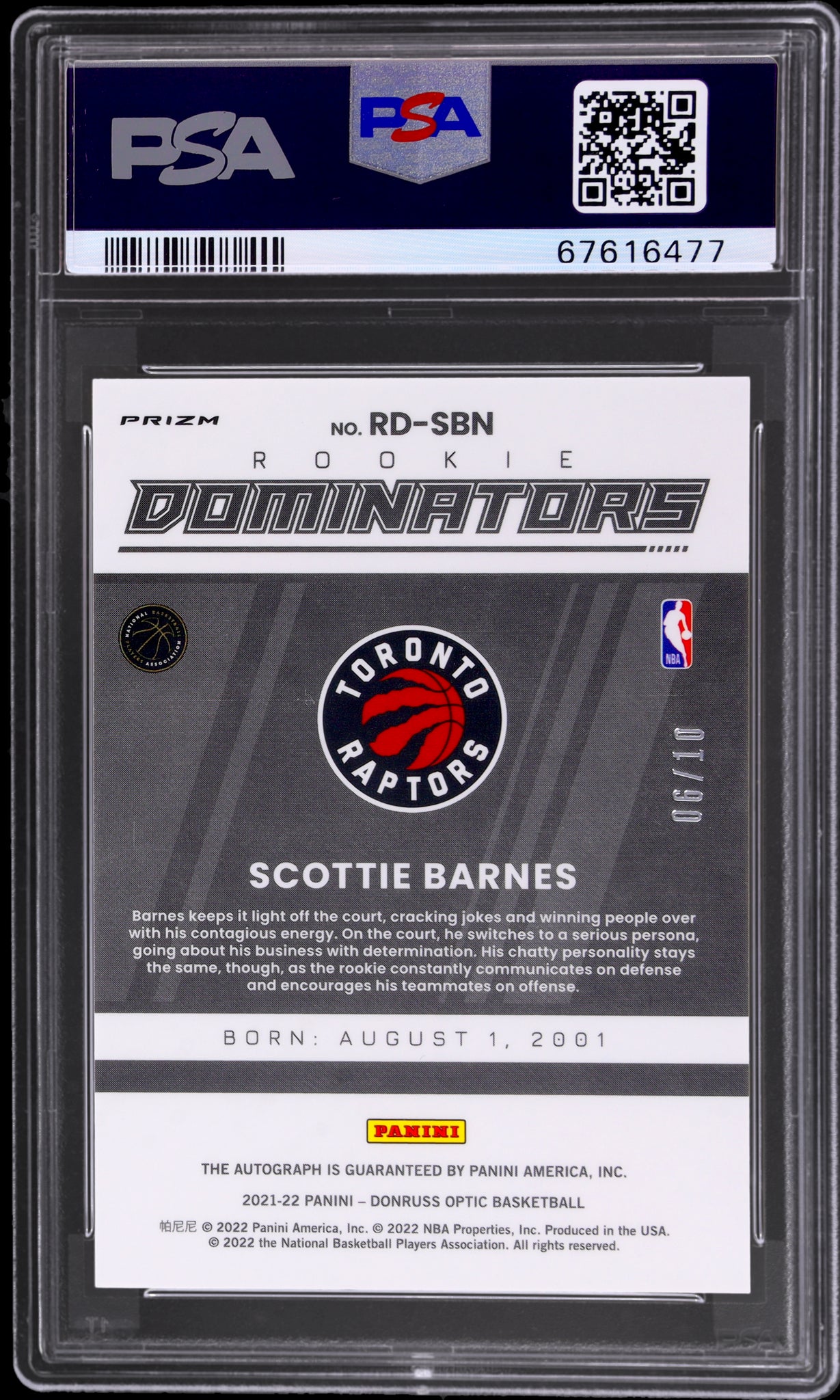 2021 Panini Donruss Optic Rookie Dominators Signatures #RDSBN Scottie Barnes Gold PSA 10