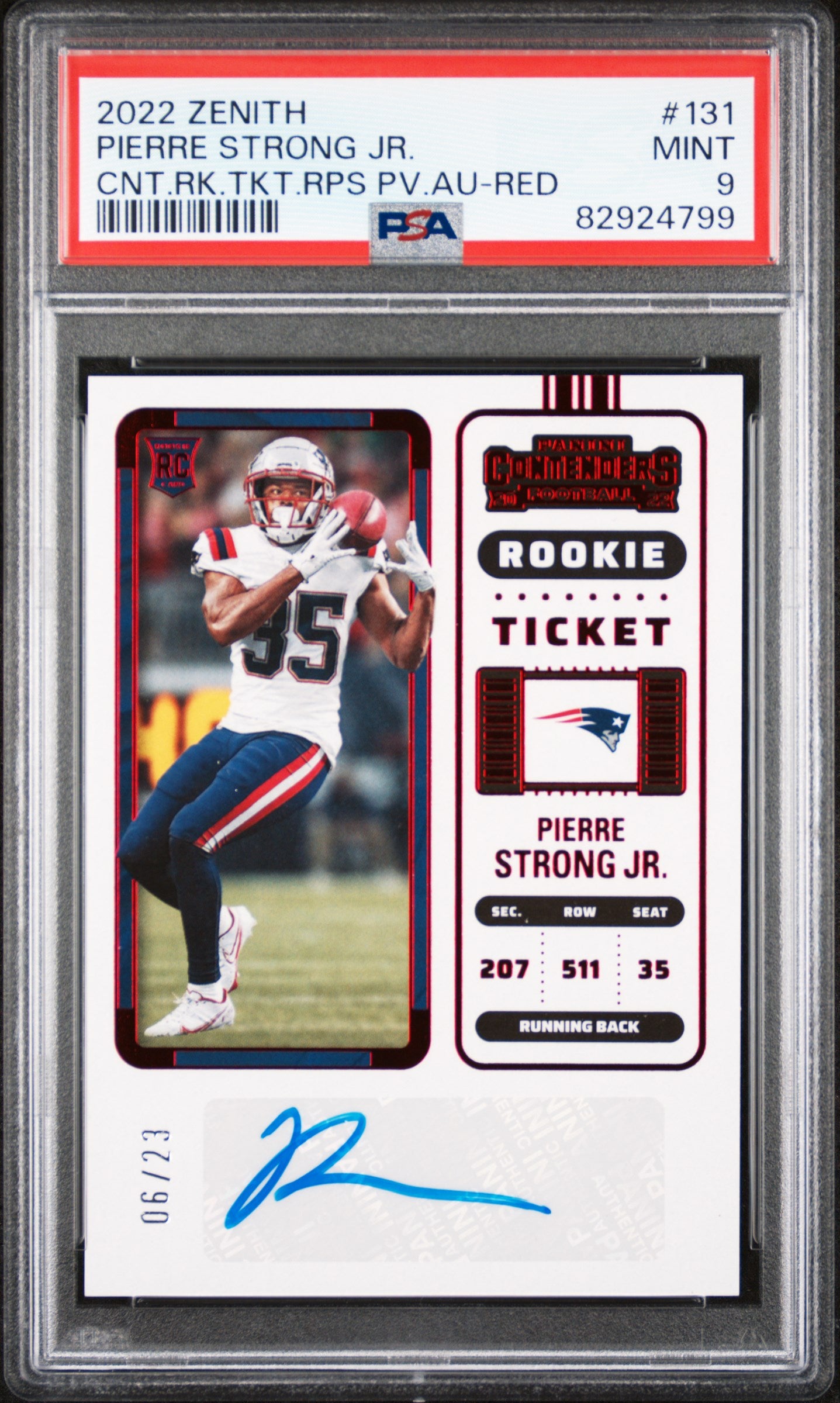 2022 Zenith Contenders Pierre Strong Jr Rookie Ticket Rps Preview Auto Red PSA 9