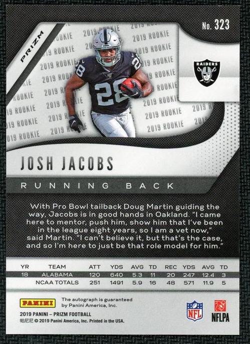 2019 Panini Prizm 323 Josh Jacobs Rookie Raiders Auto