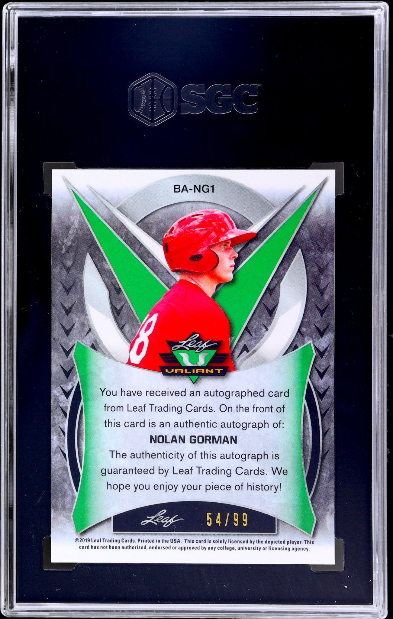 2019 Leaf Valiant Autograph Green Prismatic Nolan Gorman #BANG1 /99 SGC 10