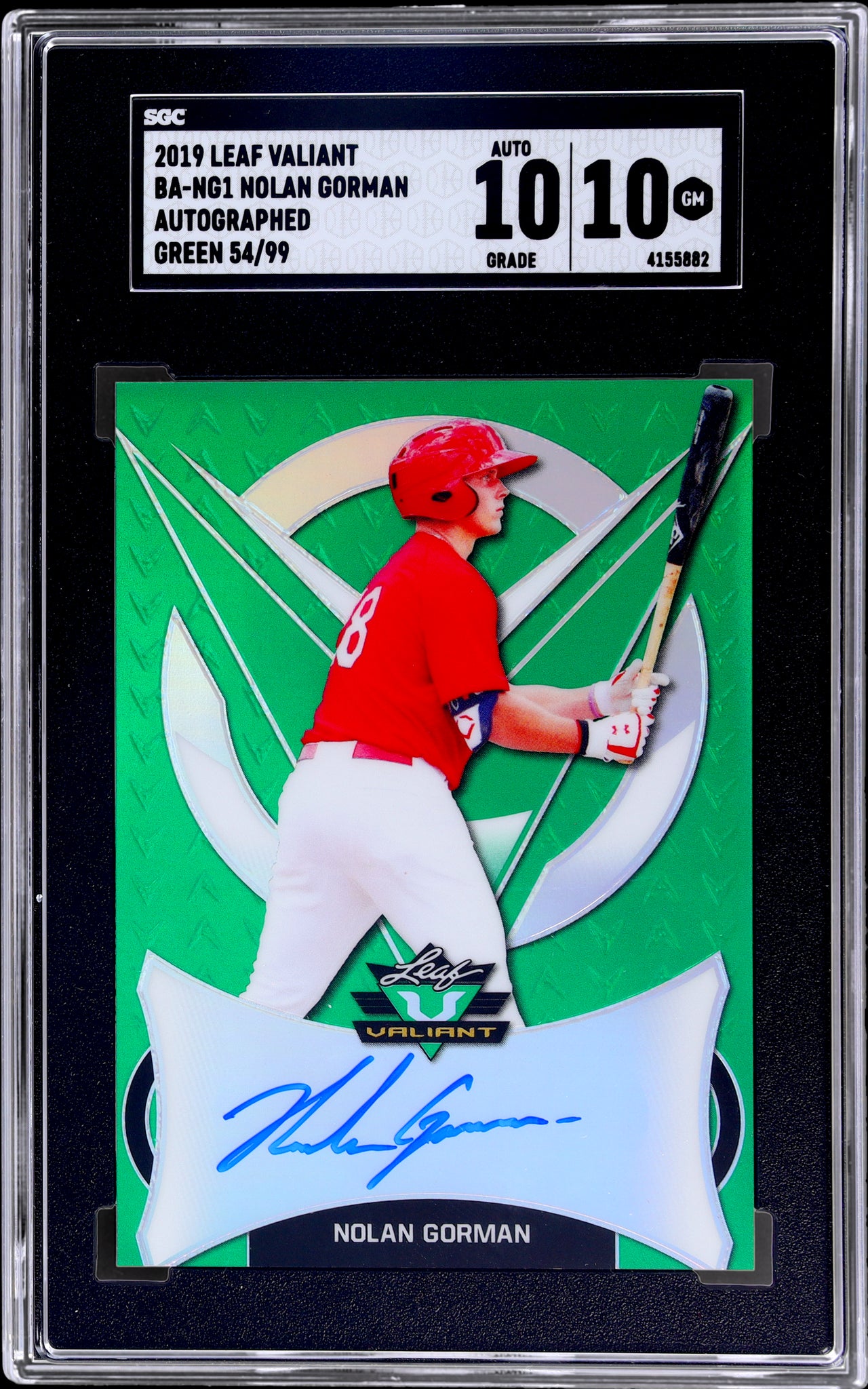 2019 Leaf Valiant Autograph Green Prismatic Nolan Gorman #BANG1 /99 SGC 10