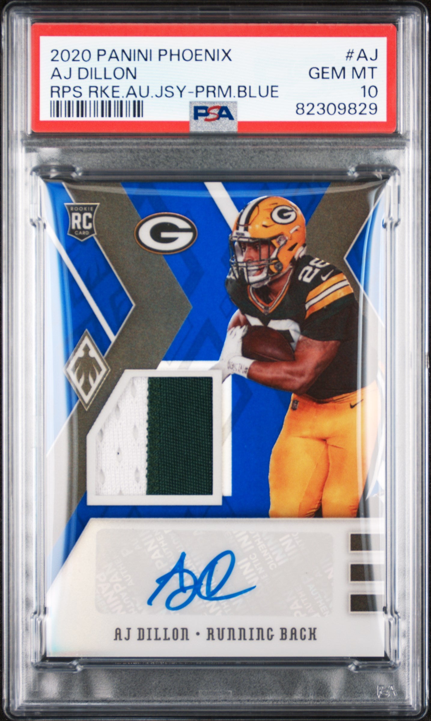 2020 Panini Phoenix Blue AJ Dillon #RJA-AJ RC RPA PSA 10