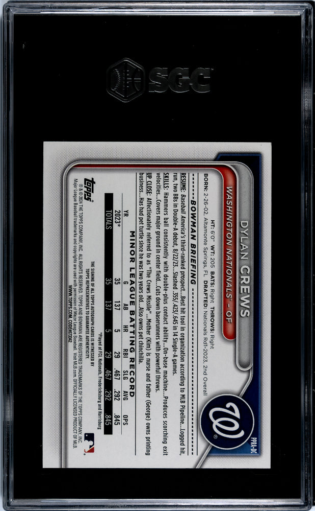 2024 Topps Bowman Purple Border Dylan Crews #PPA-DC Auto /250 SGC 9.5 Auto 10