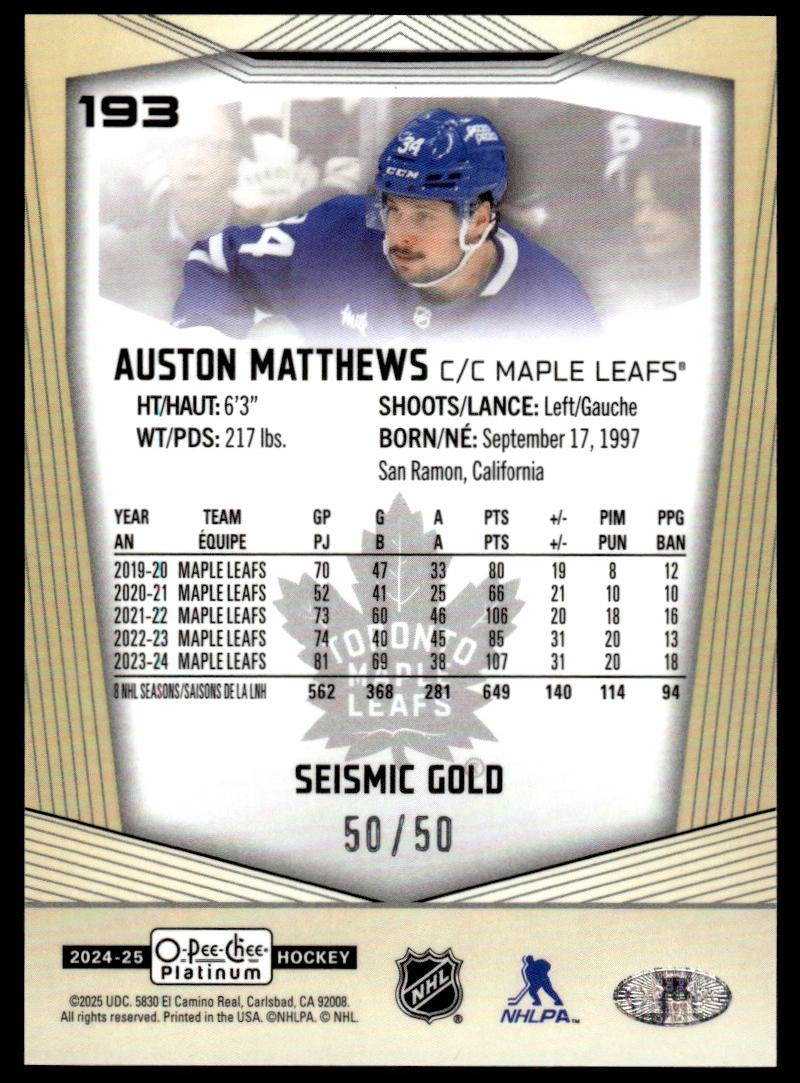 2024 Upper Deck O-Pee-Chee Platinum 193 Auston Matthews Seismic Gold Seismic 50/50 VG Maple Leafs
