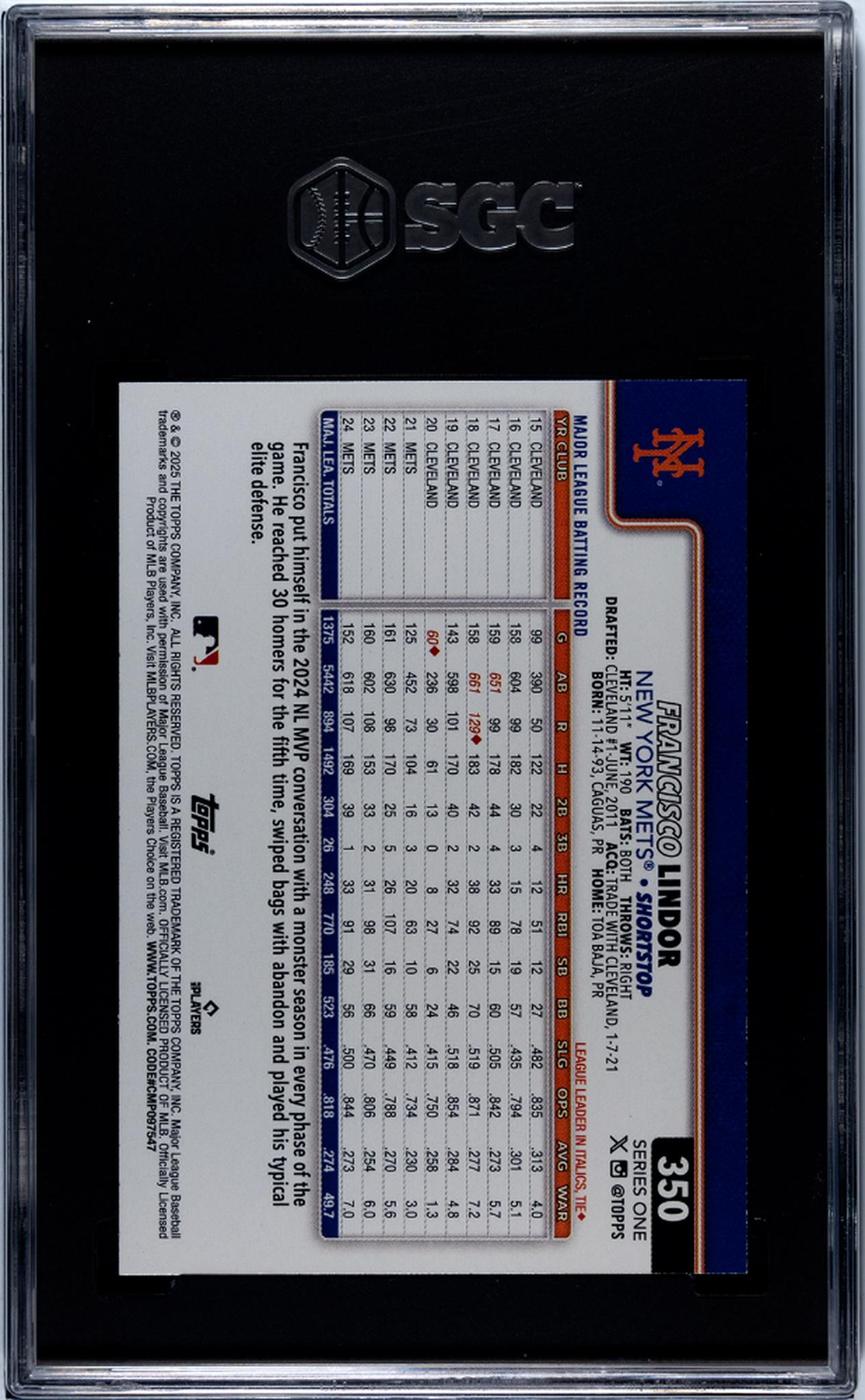 2025 Topps Series One Francisco Lindor #350 SGC 8.5