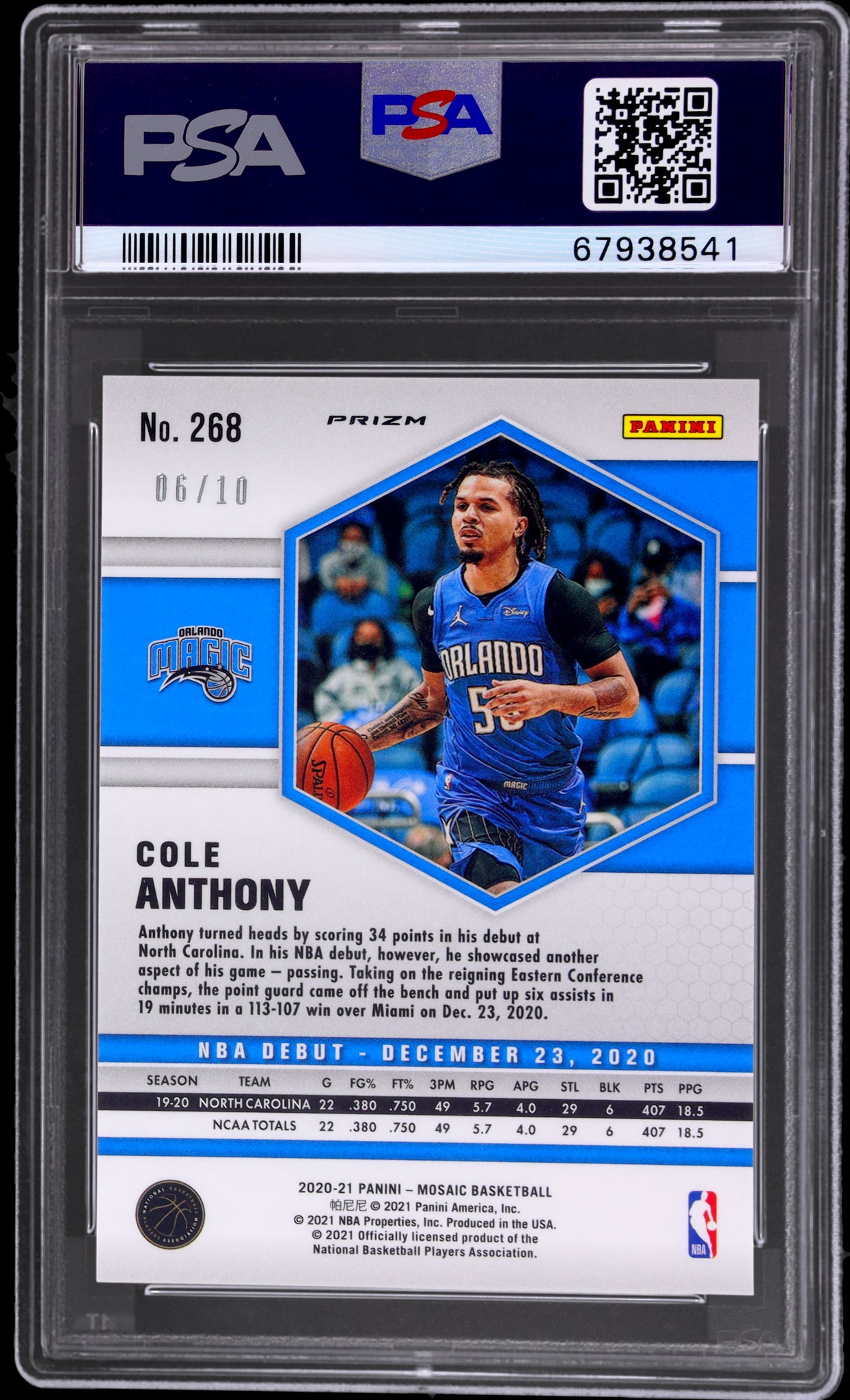 2020 Panini Mosaic #268 Cole Anthony Green Swirl Mosaic /10 PSA 9