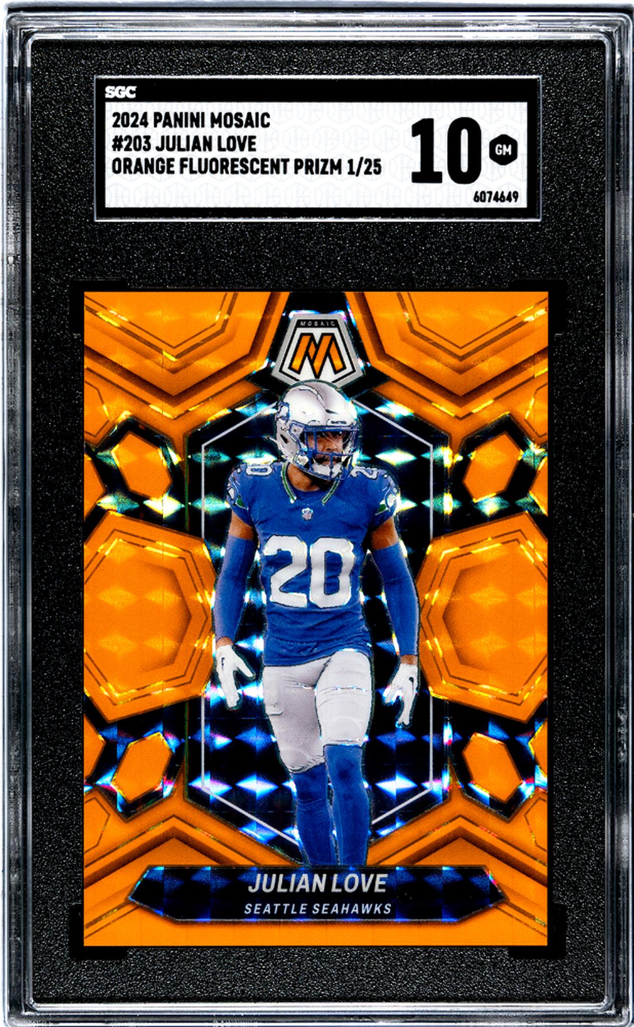 2024 Panini Mosaic Orange Fluorescent Prizm Julian Love #203 1/25 SGC 10