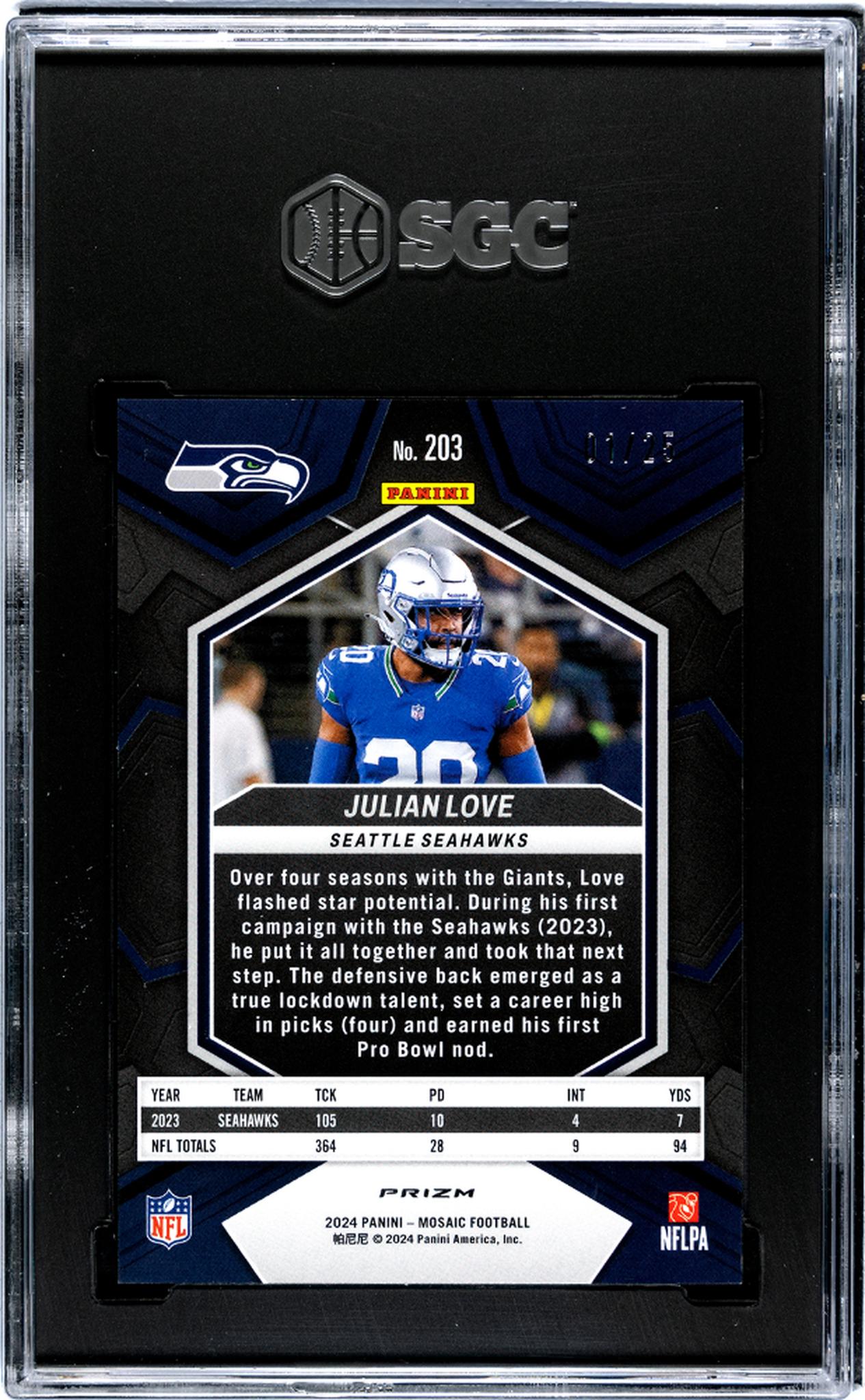 2024 Panini Mosaic Orange Fluorescent Prizm Julian Love #203 1/25 SGC 10