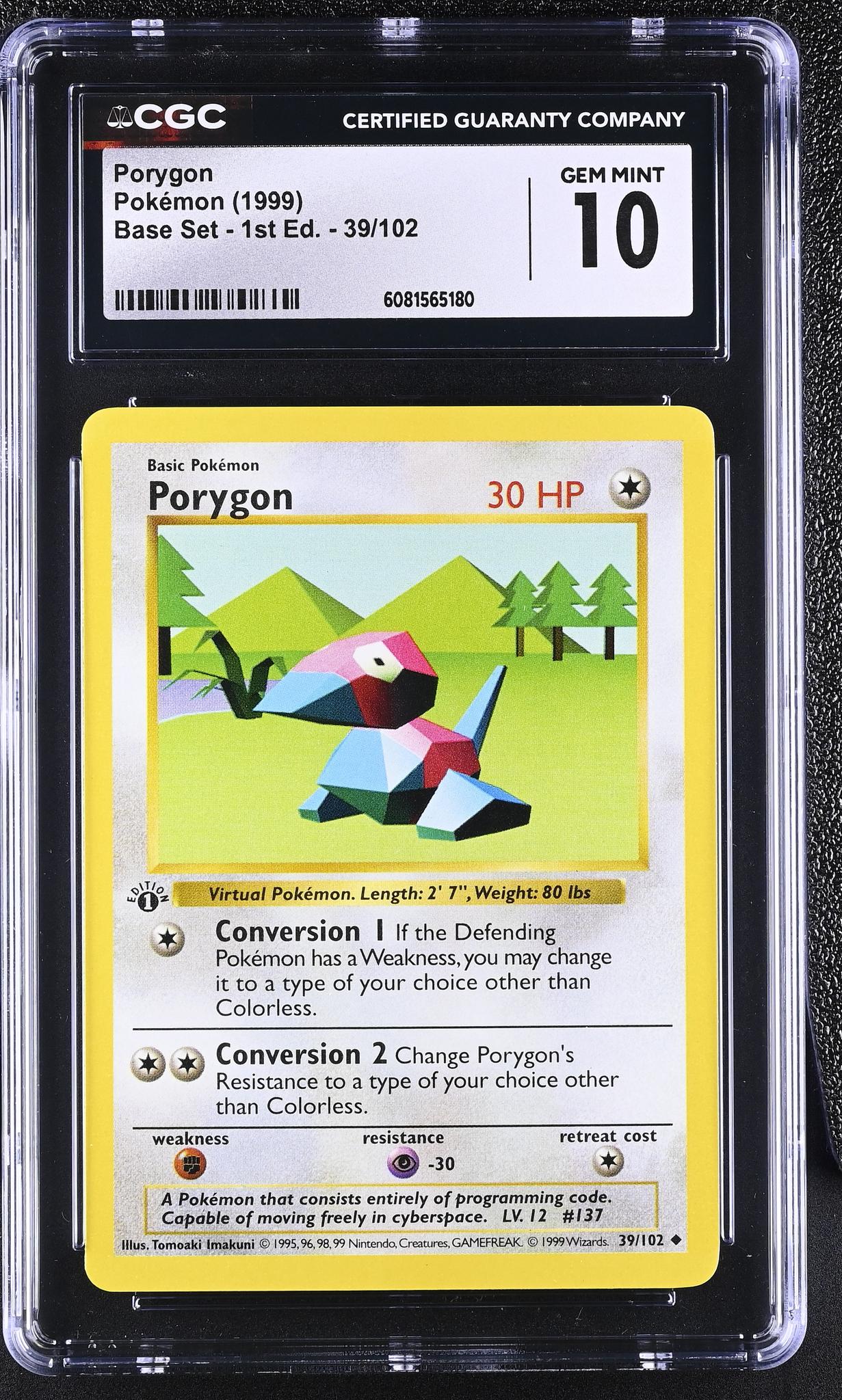 1999 Pokémon Base Set 1st Edition Porygon #39/102 CGC 10