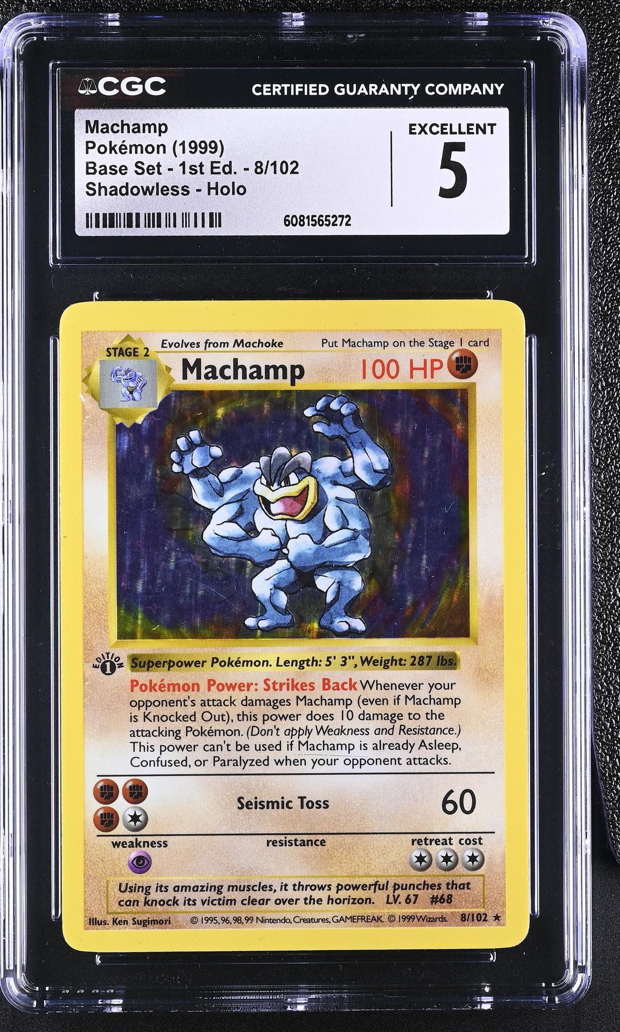 1999 Pokémon Base Set Machamp #8/102 1st Edition Shadowless Holo CGC 5