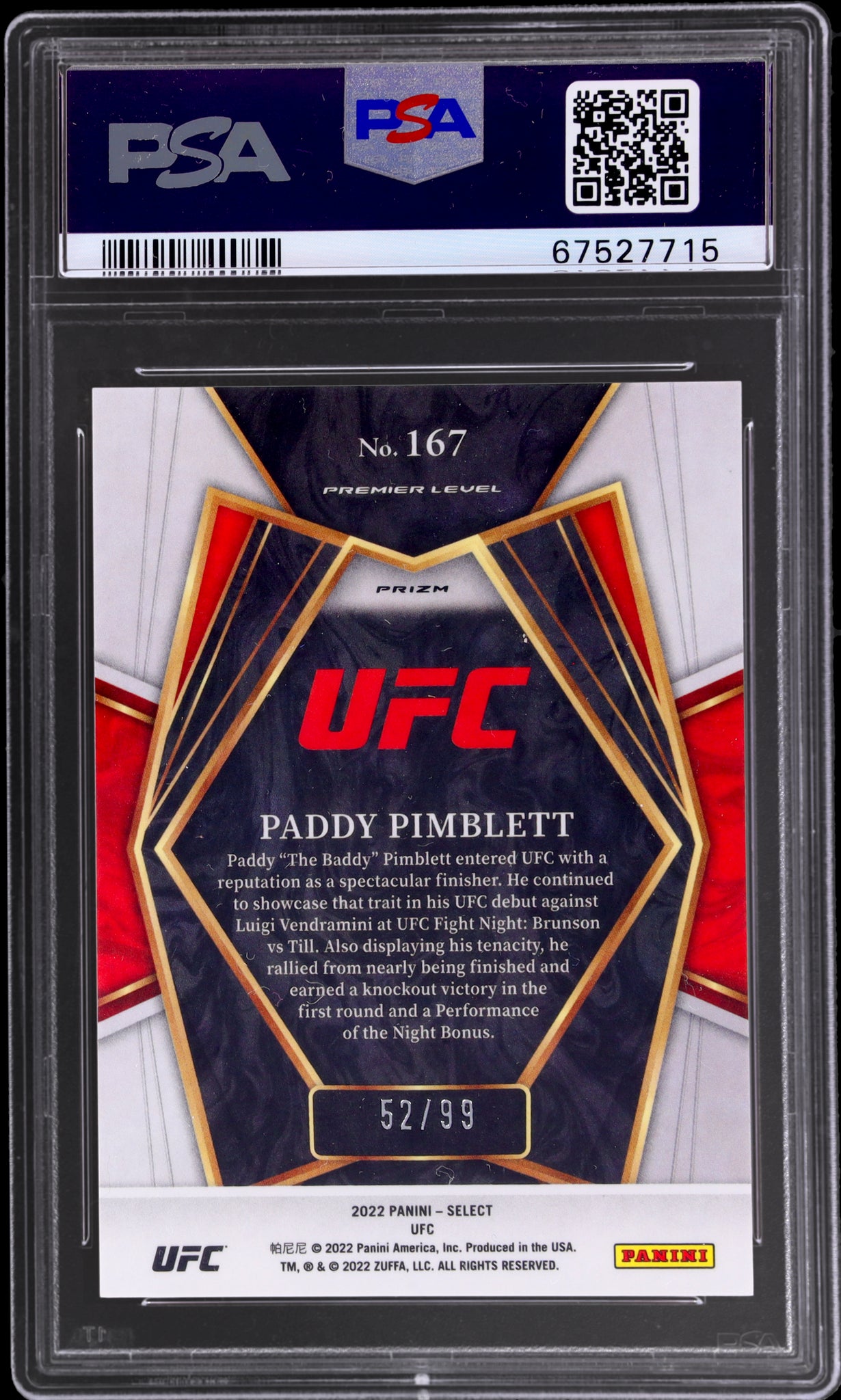 2022 Select UFC Red Disco Prizm Paddy Pimblett #167 /99 PSA 9