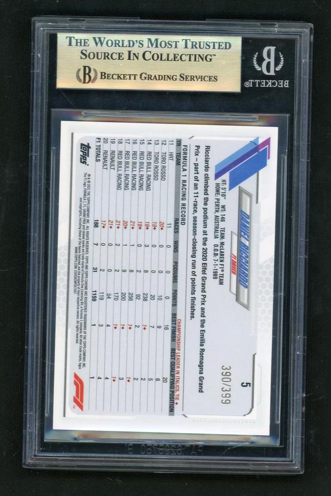 2021 Topps Chrome 5 Daniel Ricciardo Purple Refractors Purple /399 Beckett 9.5 Gem Mint McLaren F1 Team
