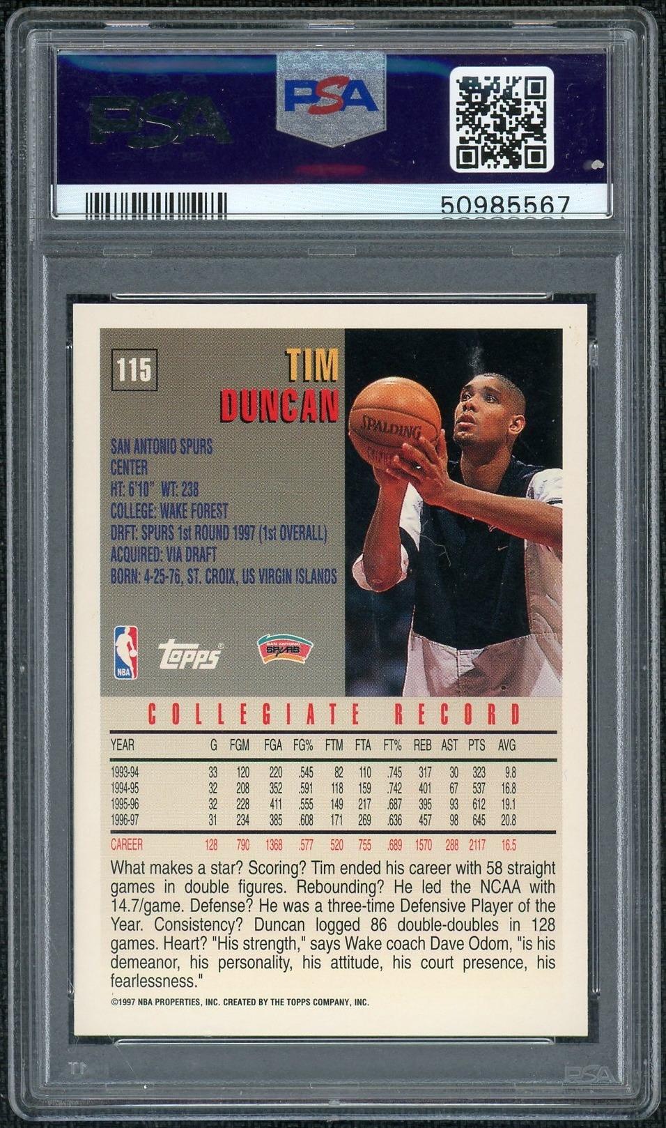 1997 Topps Tim Duncan #115 PSA 9