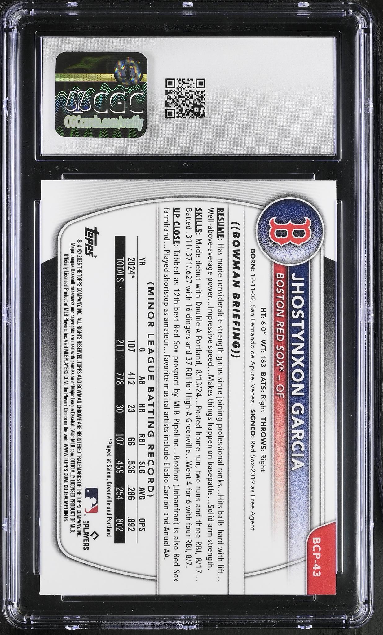 2025 Bowman #BCP-43 Jhostynxon Garcia Chrome Prospects /100 CGC 9