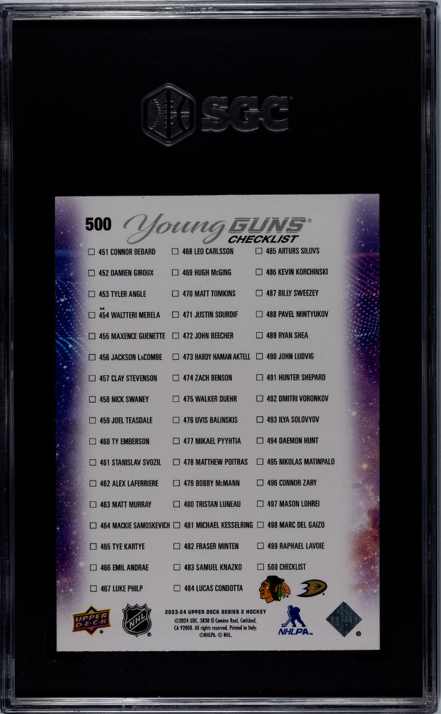 2023 Upper Deck # Connor Bedard/Leo Carlsson Young Guns Checklist / SGC 9.5