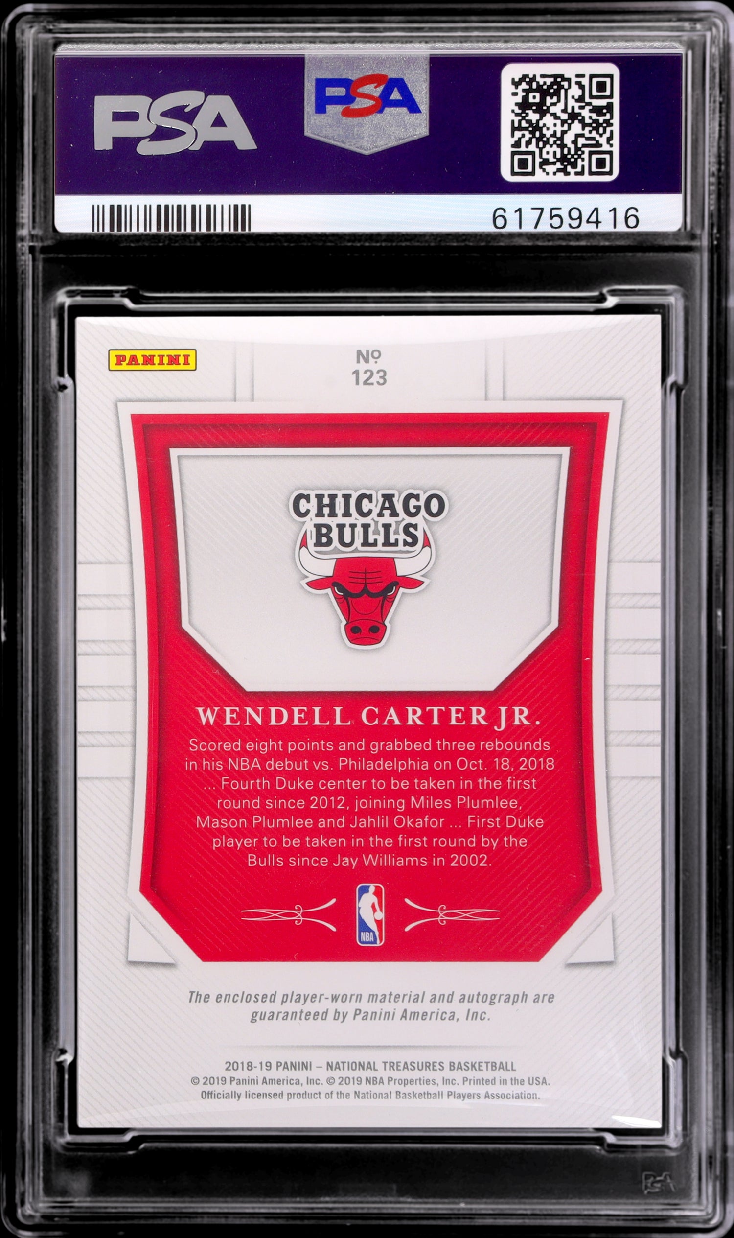 2018 Panini National Treasures Wendell Carter Jr. #123 /99 PSA 9 Patch Auto