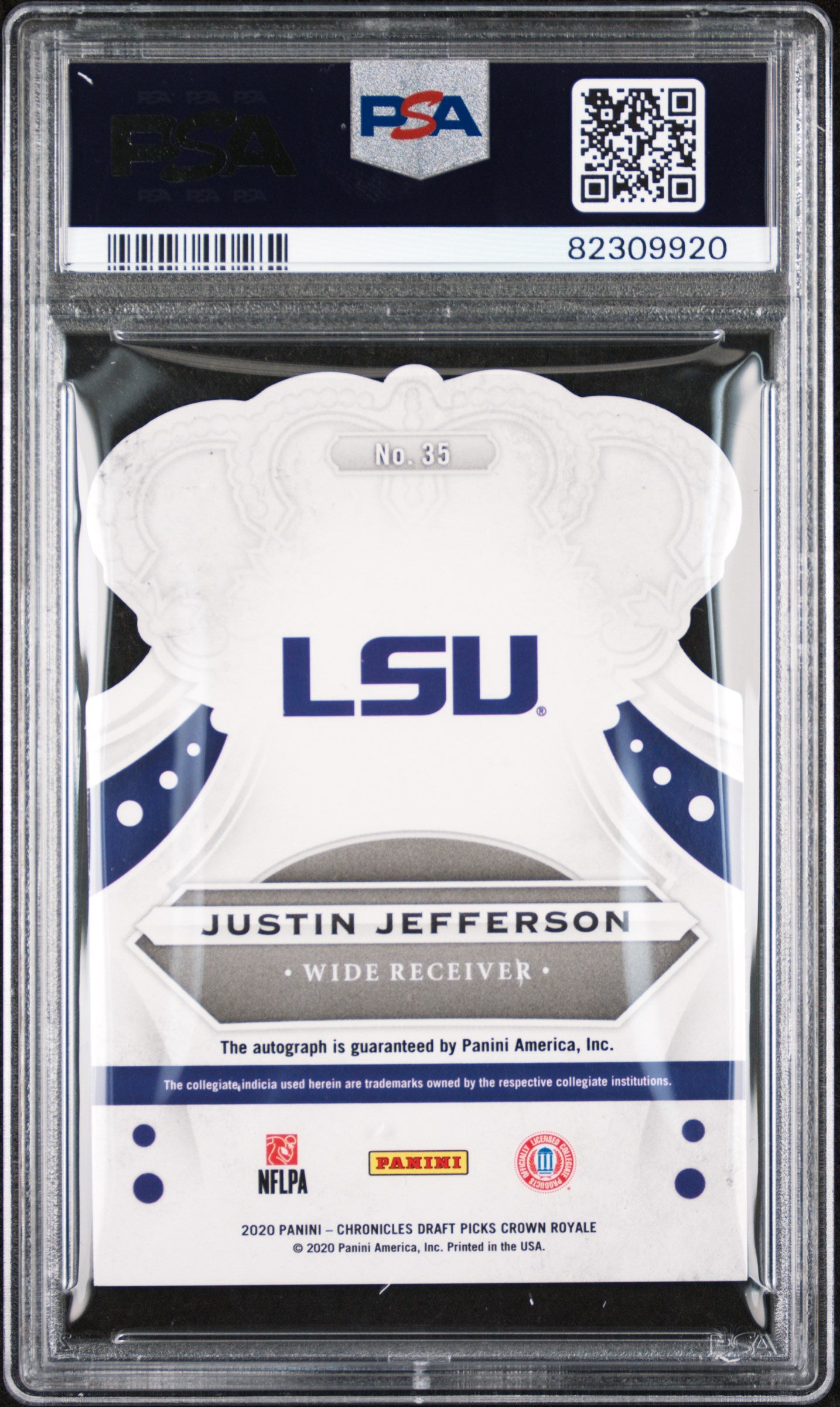 2020 Panini Chronicles Draft Picks Crown Royale Signature-Purple Justin Jefferson #35 PSA 9