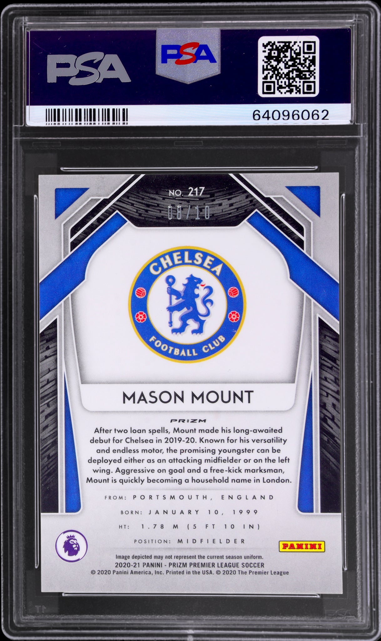 2020 Panini Prizm Premier League #217 Mason Mount Gold Breakaway Prizm /10 PSA 9