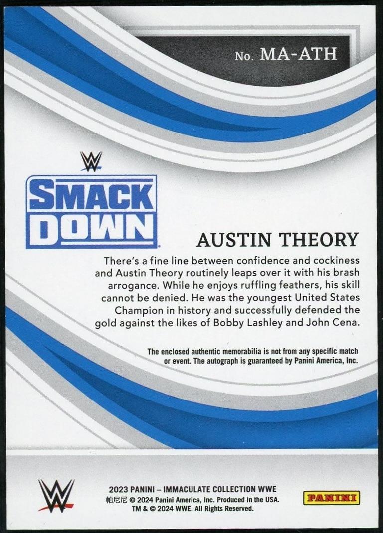 2023 Panini Immaculate Collection WWE Austin Theory Memorabilia Auto Acetate /6