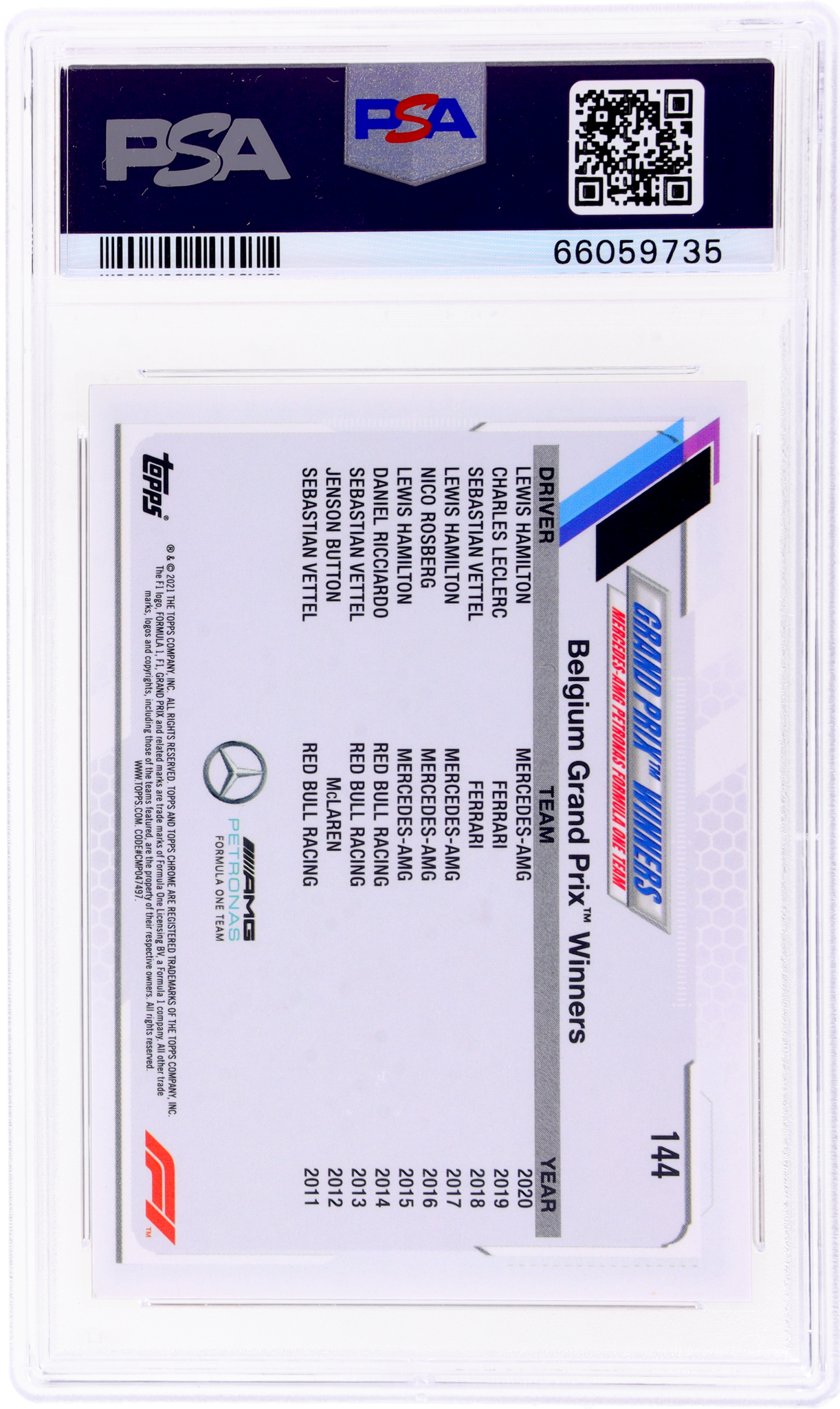 2021 Topps Chrome Formula 1 #144 Lewis Hamilton Grand Prix Winners Orange Red Refractors PSA 10