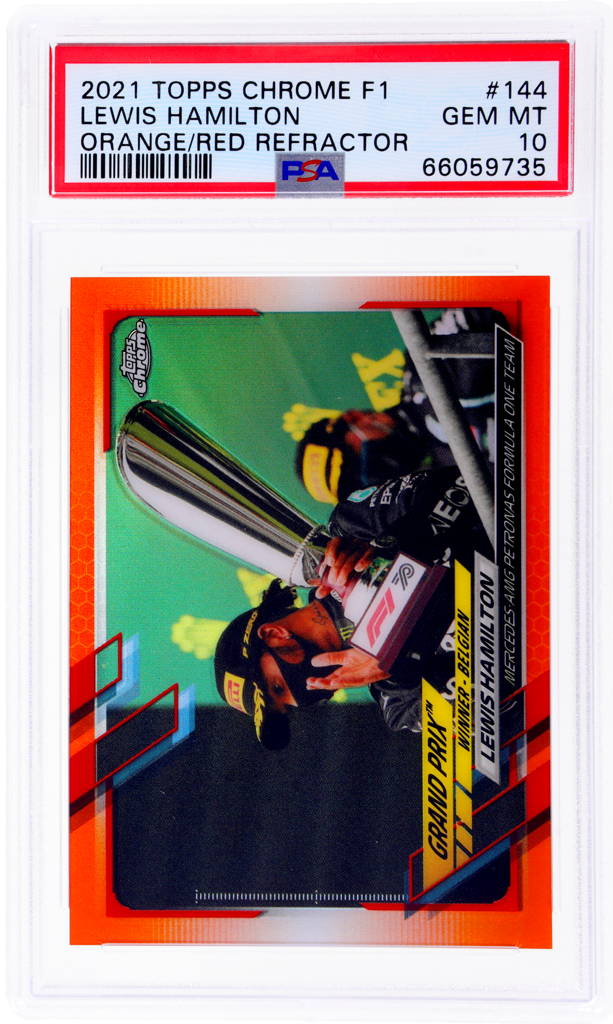 2021 Topps Chrome Formula 1 #144 Lewis Hamilton Grand Prix Winners Orange Red Refractors PSA 10