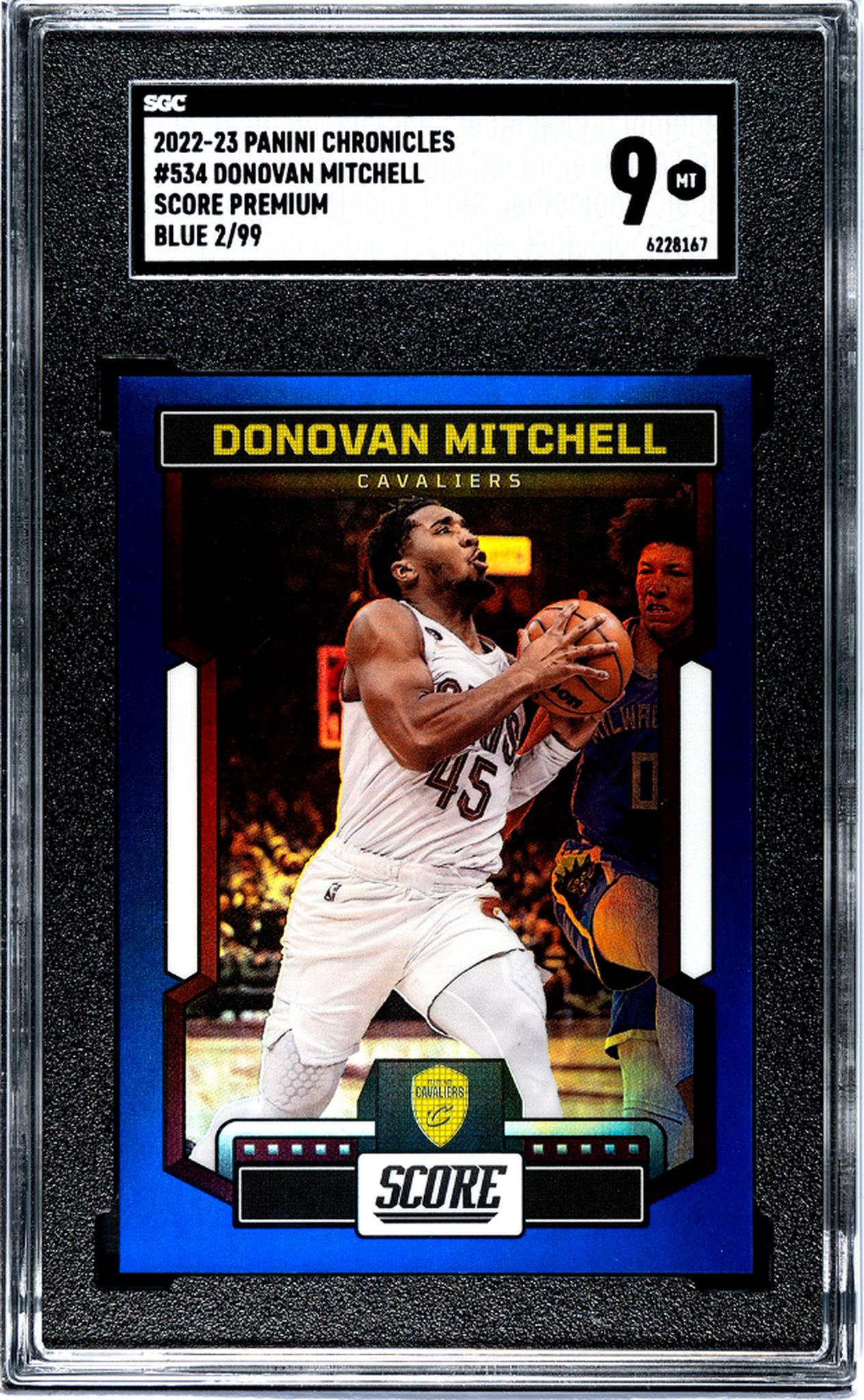 2022-23 Panini Chronicles #534 Donovan Mitchell Score Premium Blue 2/99 SGC 9