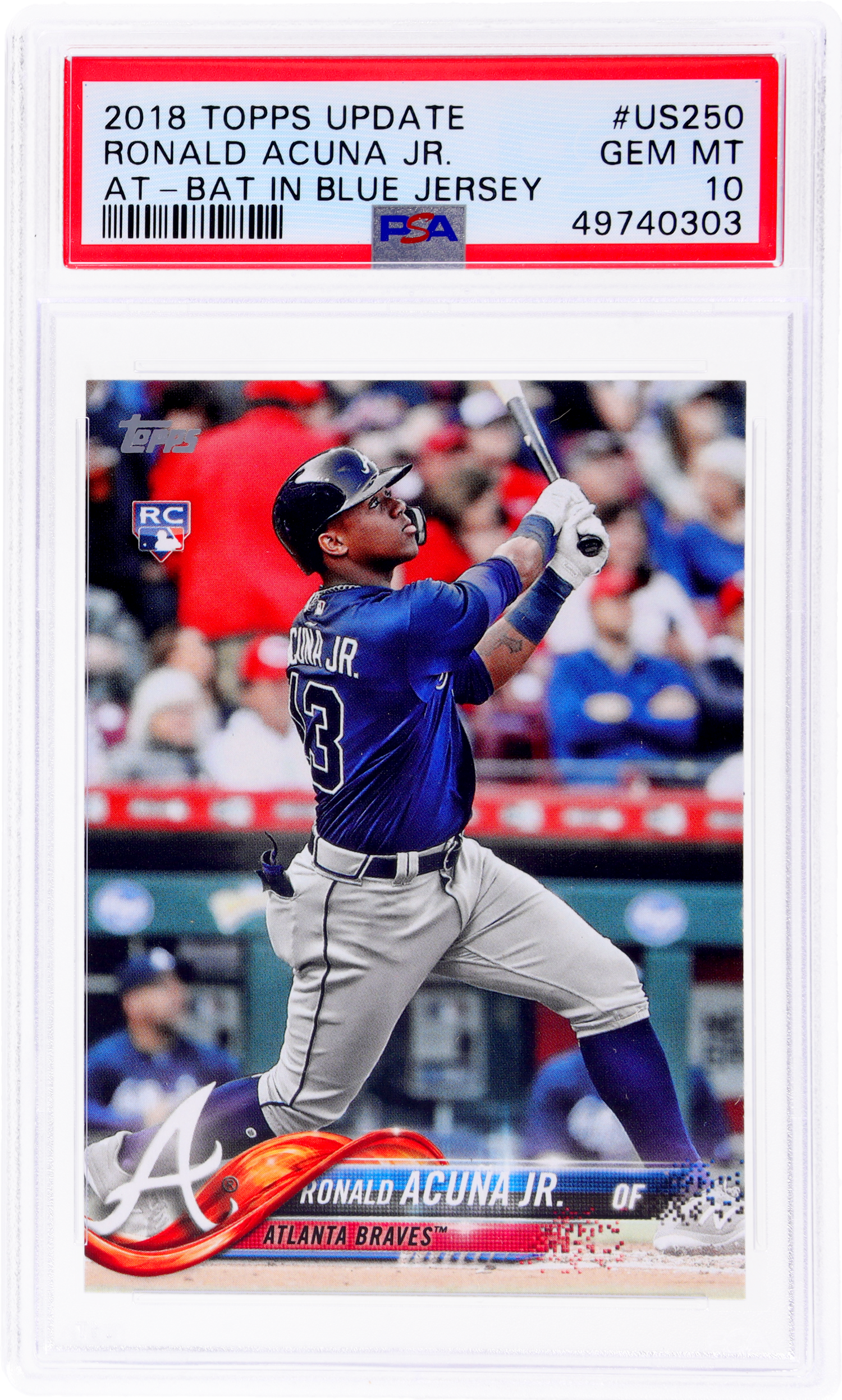 2018 Topps Update #US250 Ronald Acuna Jr. At Bat In Blue Jersey PSA 10