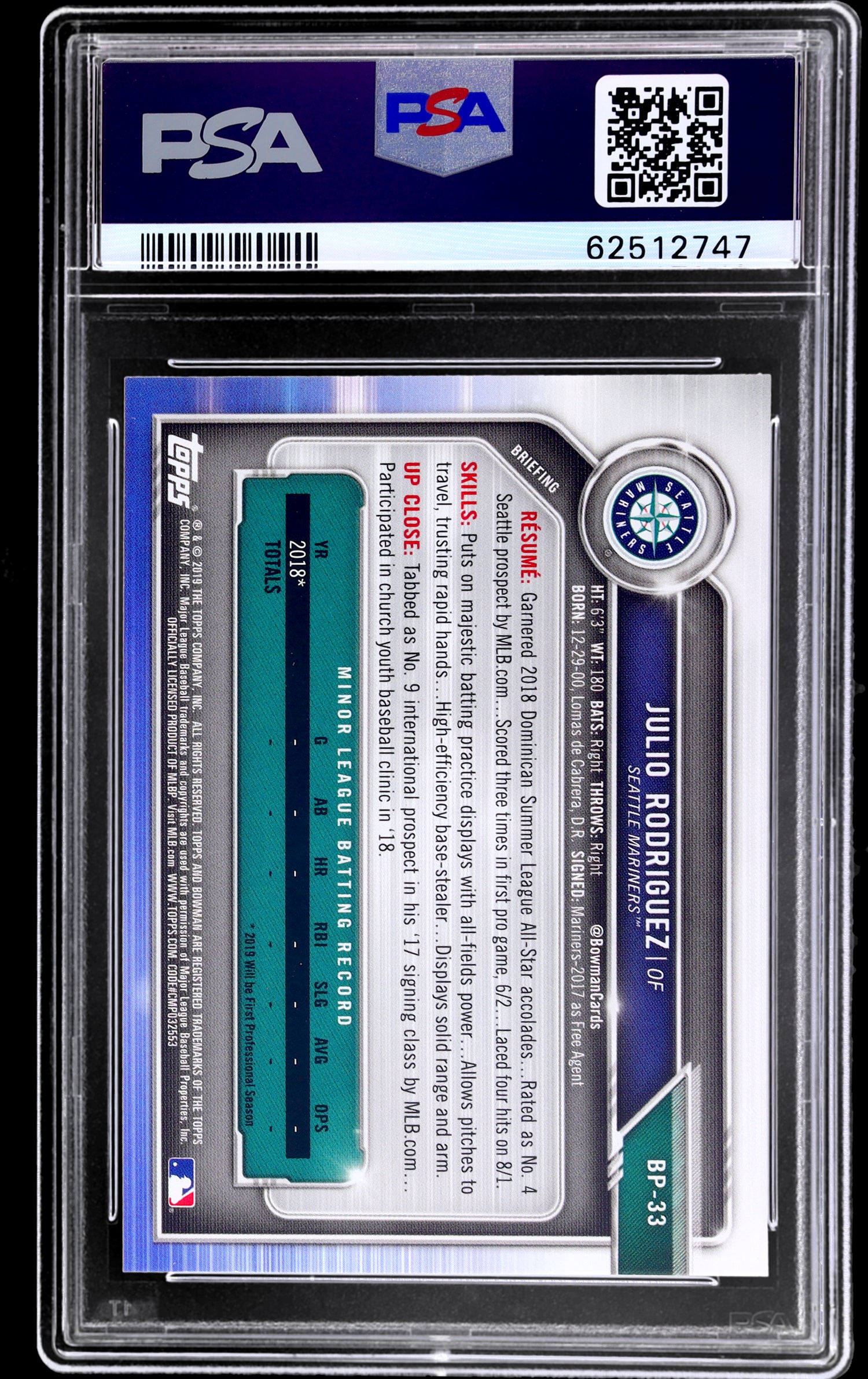 2019 Bowman Paper Prospects Julio Rodriguez #BP33 PSA 10