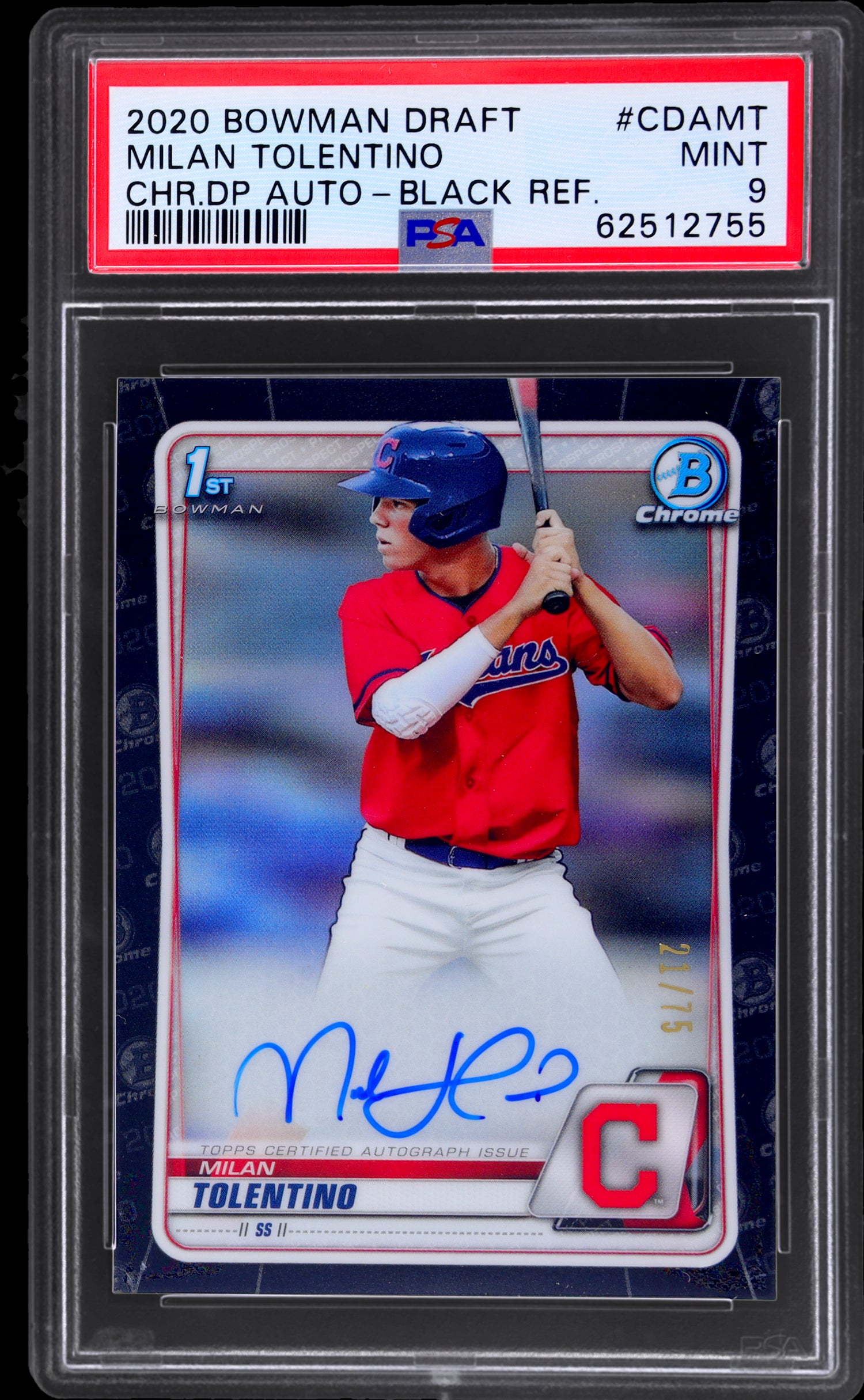 2020 Bowman Draft Chrome Milan Tolentino Black Refractor #CDAMT /75 PSA 9 Auto