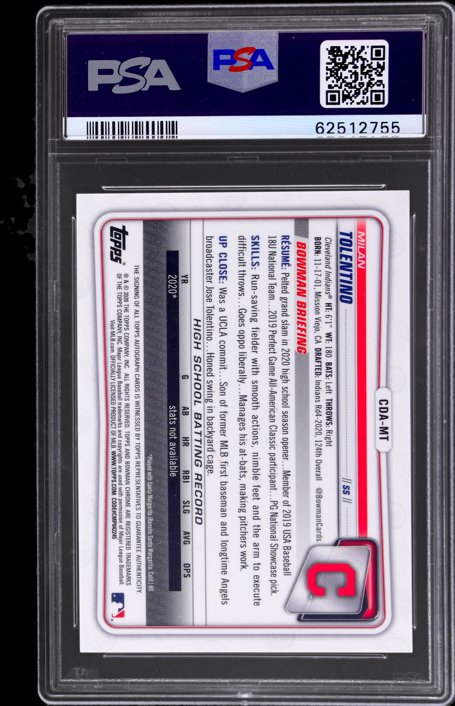 2020 Bowman Draft Chrome Milan Tolentino Black Refractor #CDAMT /75 PSA 9 Auto