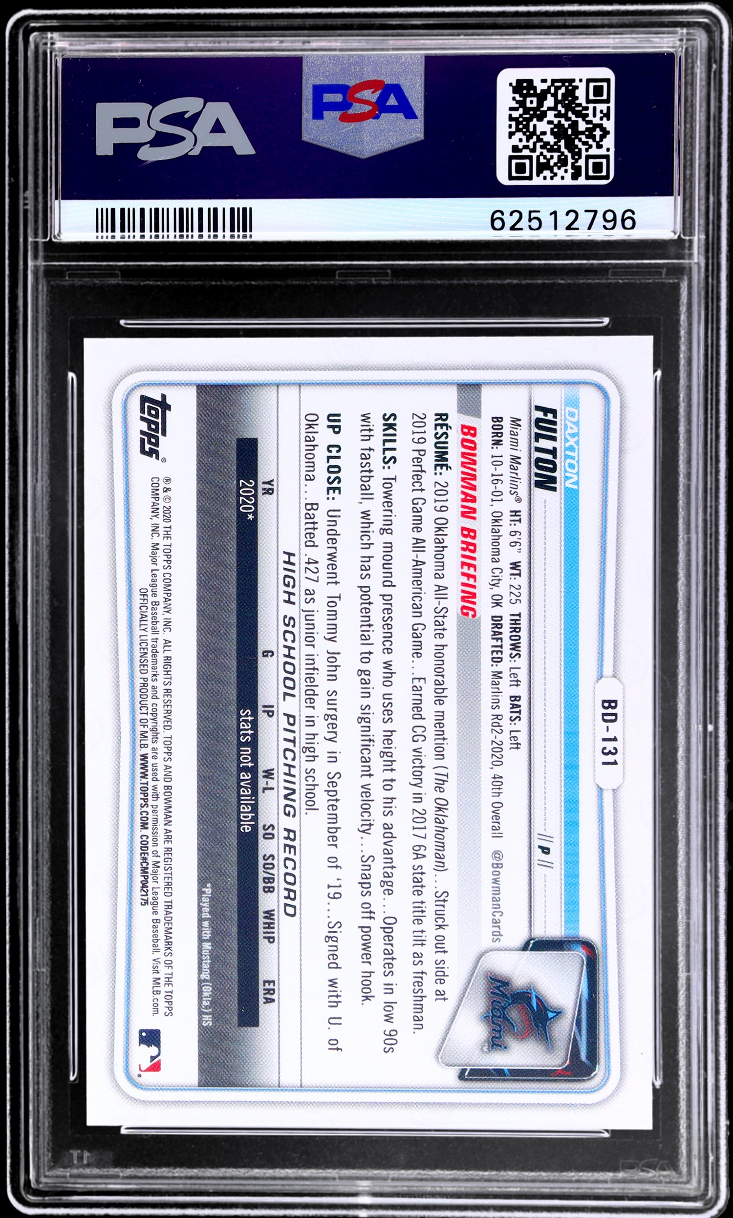 2020 Bowman Draft Purple Daxton Fulton #BD131 PSA 10 /250 RC