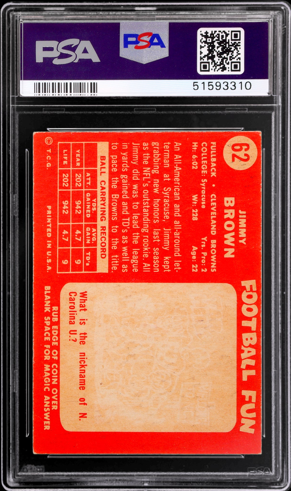 1958 Topps #62 Jim Brown PSA 4