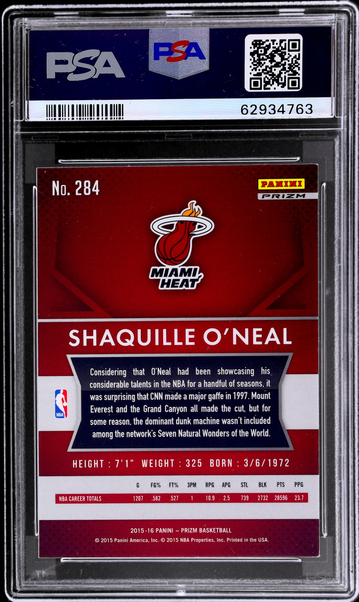 2015 Panini Prizm #284 Shaquille O'Neal Orange Wave Prizm PSA 8