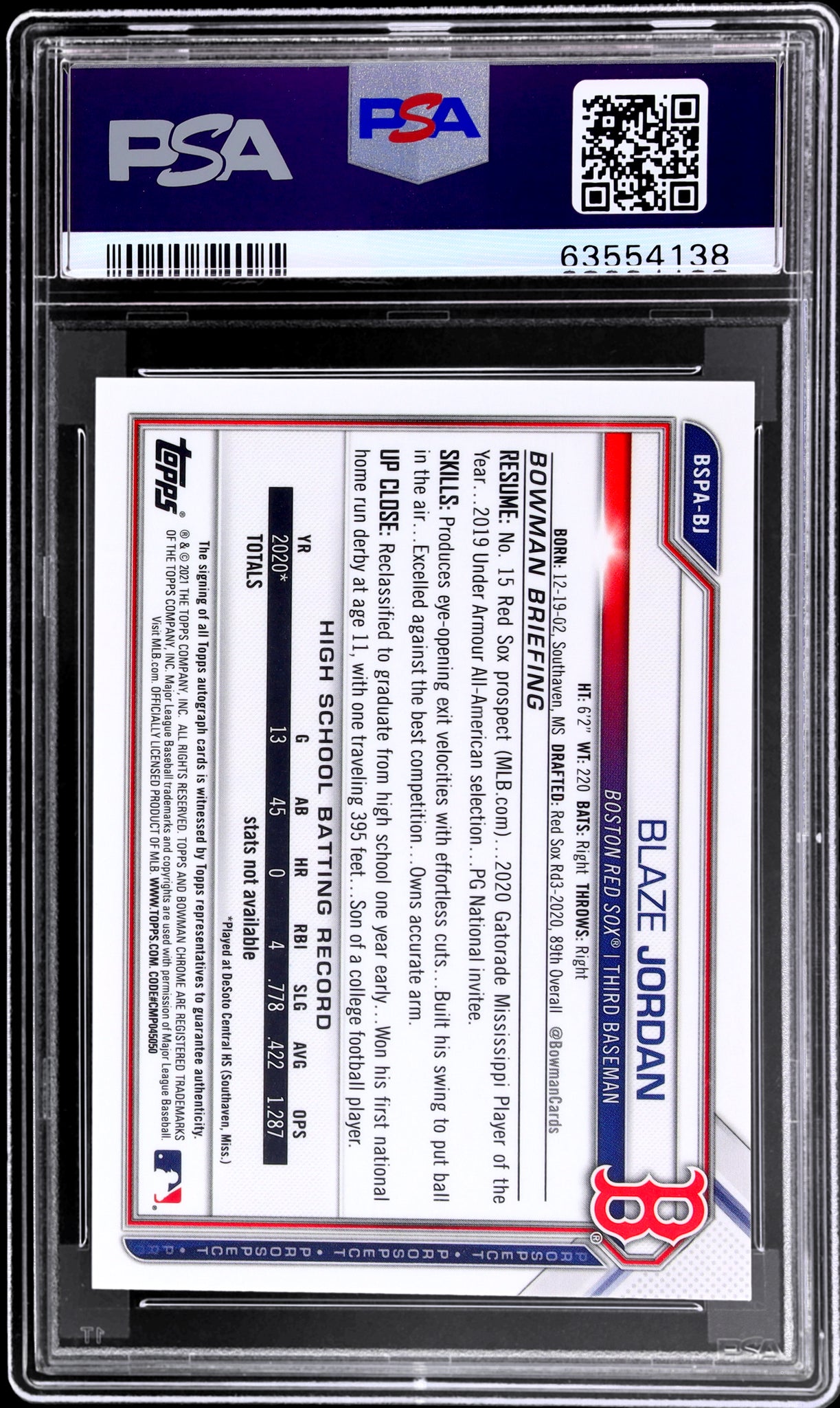 2021 Bowman Sapphire Chrome Prospect Auto Aqua Blaze Jordan /99 PSA 10