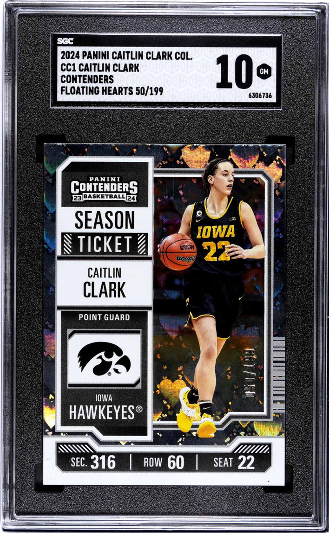 2024 Panini Caitlin Clark Col. Floating Hearts Caitlin Clark #CC1 /199 SGC 10