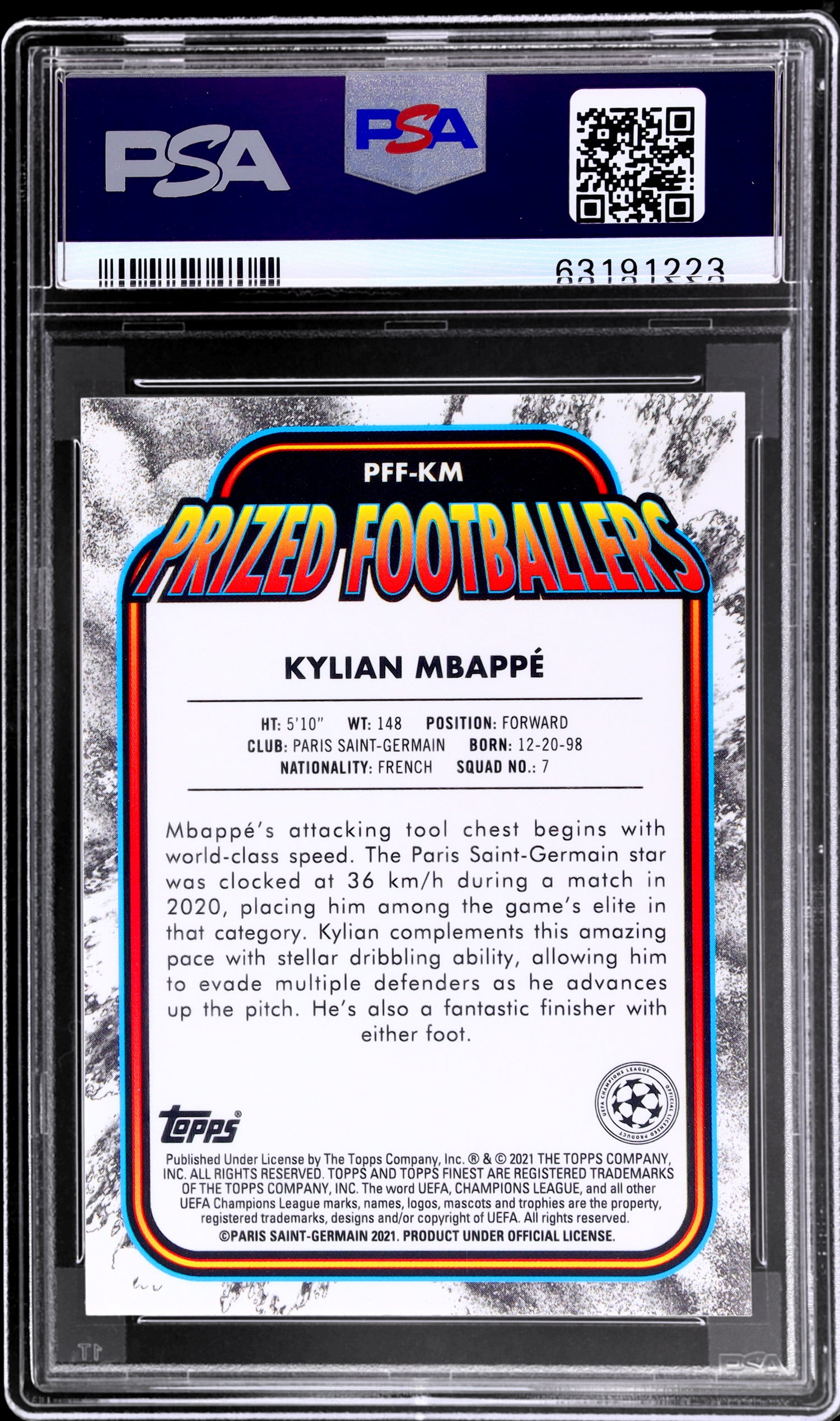 2020 Topps Finest Prized Footballers Kylian Mbappe #PFF-KM PSA 10