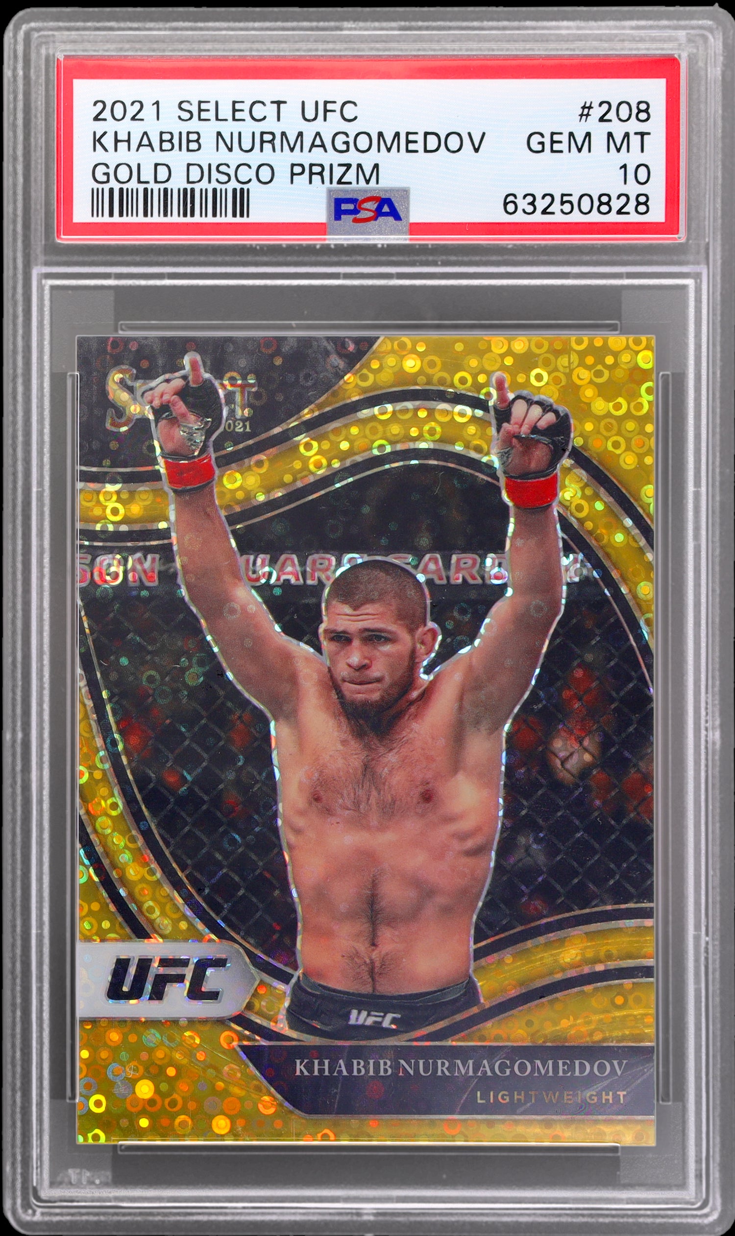 2021 Panini Select UFC Gold Disco Prizm Khabib Nurmagomedov #208 /10 PSA 10