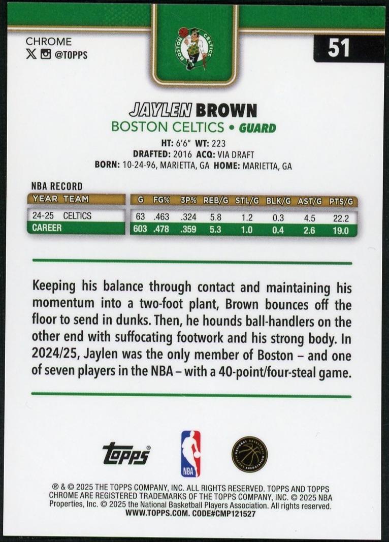 2025-26 Topps Chrome Jaylen Brown Red Basketball Refractor /5
