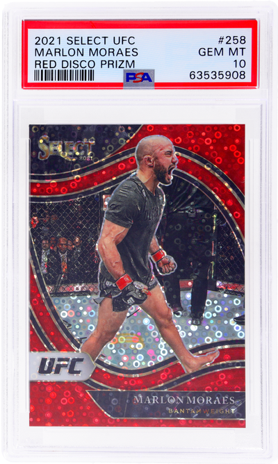 2021 Panini Select UFC Marlon Moraes #258 Octagonside Red Disco Prizm /199 PSA 10
