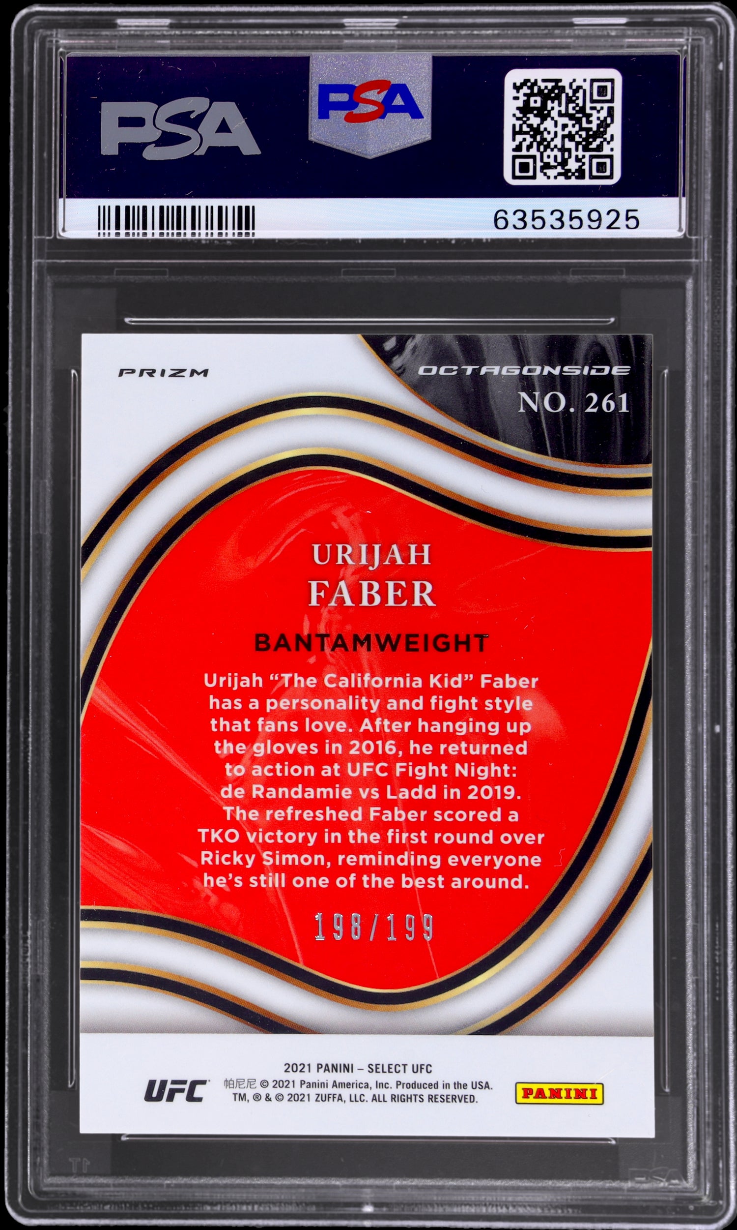 2021 Panini Select UFC Red Disco Prizm Urijah Faber #261 /199 PSA 10