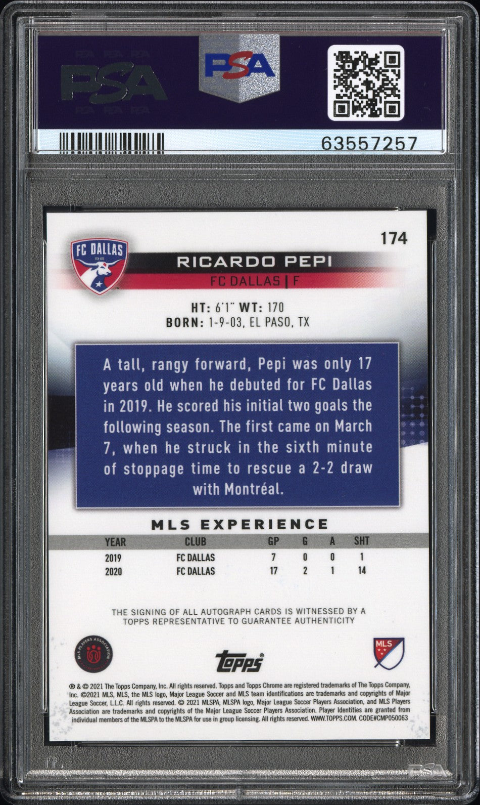 2021 Topps Chrome MLS Sapphire Edition Ricardo Pepi #174 Auto PSA 10