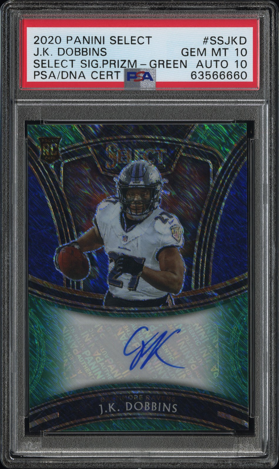 2020 Panini Select Green J.K. Dobbins #SSJKD RC Auto /5 PSA 10 Auto 10