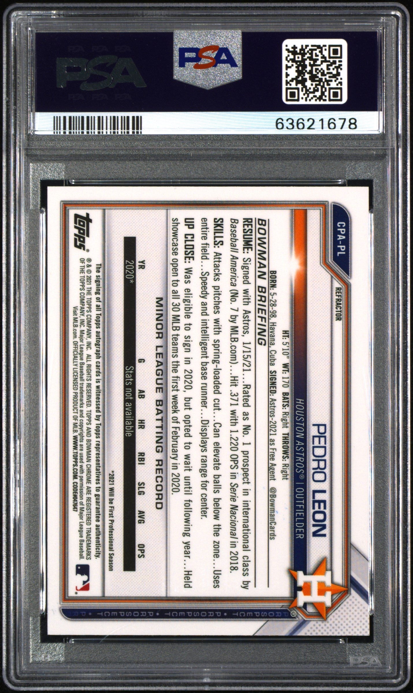 2021 Bowman Chrome Pedro Leon #CPA-PL /499 Auto PSA 9