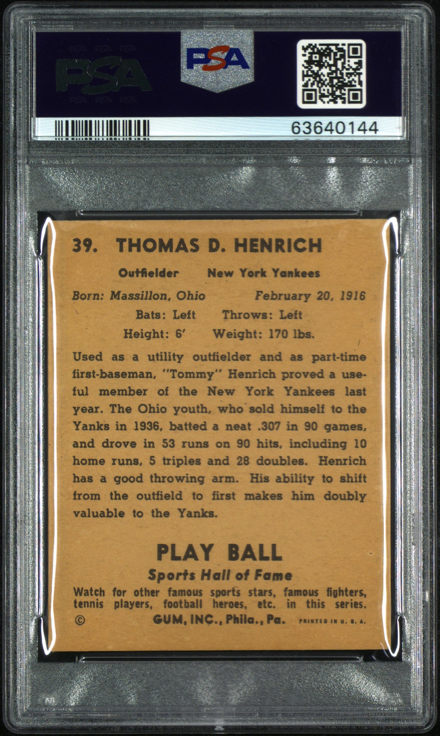 1941 Play Ball Tommy Henrich #39 PSA 6