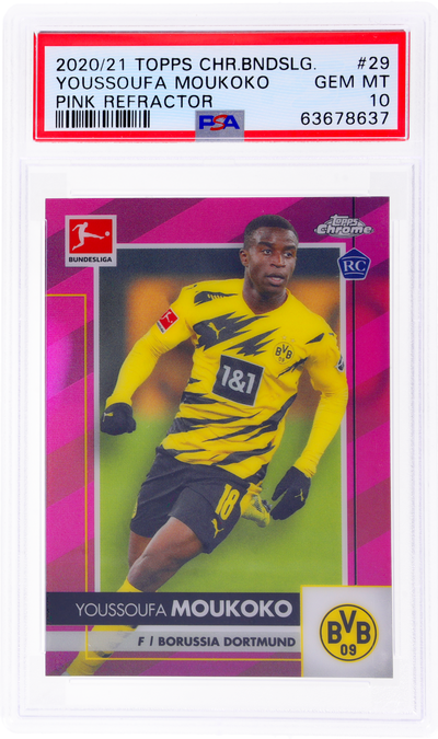 2020-21 Topps Chrome Bundesliga Youssoufa Moukoko #29 Pink Refractor /75 PSA 10