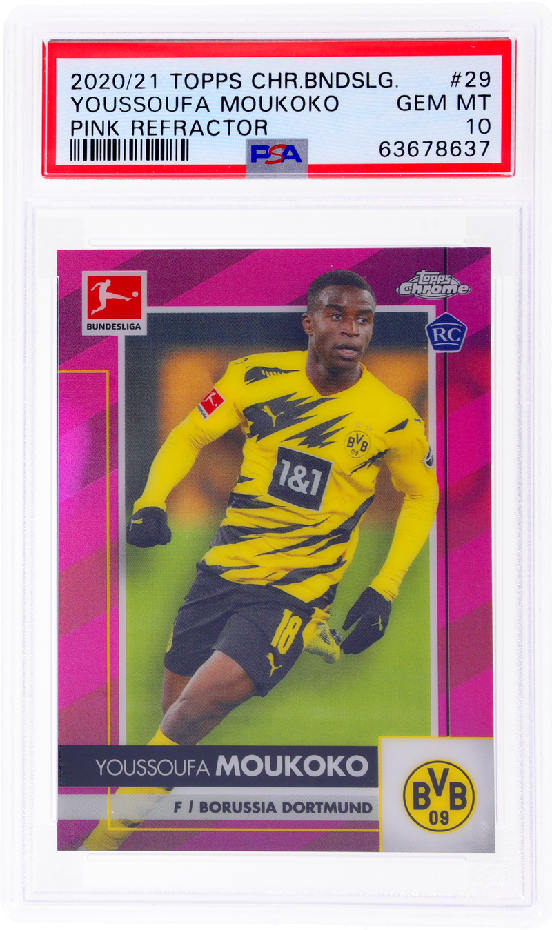 2020-21 Topps Chrome Bundesliga Youssoufa Moukoko #29 Pink Refractor /75 PSA 10